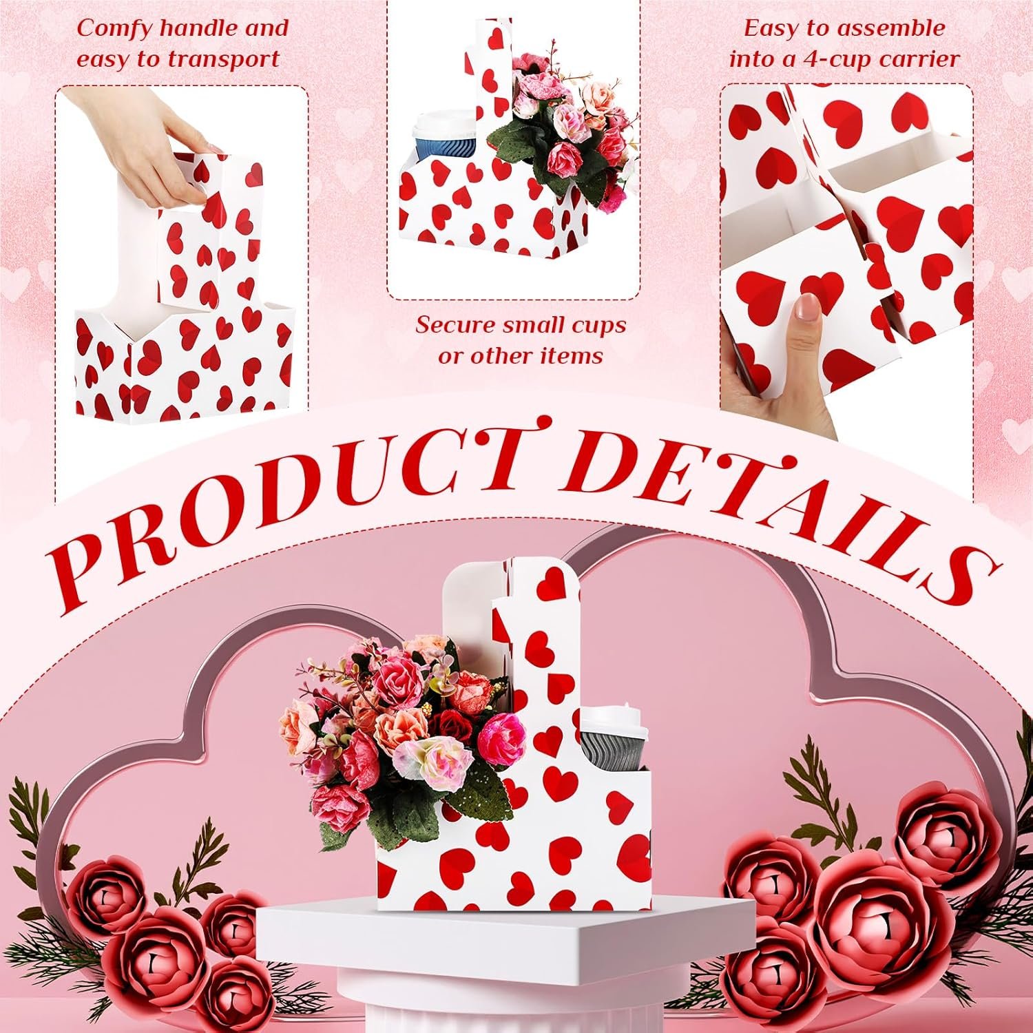 Großhandel 24 Stück Tragbarer Getränke-Träger mit Griff für 2 Becher, faltbares Herz-Papierboard für Galentines-Partybedarf, OEM für heiße und kalte Getränke, individuelles Logo verfügbar.