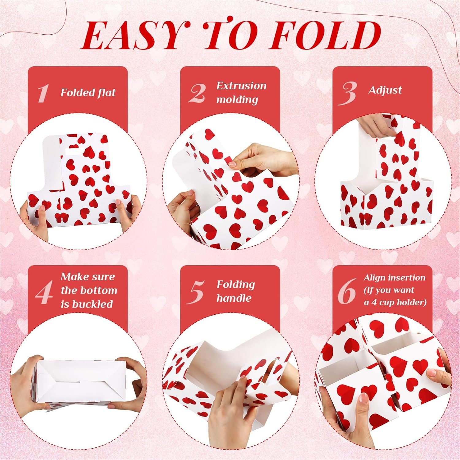 Großhandel 24 Stück Tragbarer Getränke-Träger mit Griff für 2 Becher, faltbares Herz-Papierboard für Galentines-Partybedarf, OEM für heiße und kalte Getränke, individuelles Logo verfügbar.