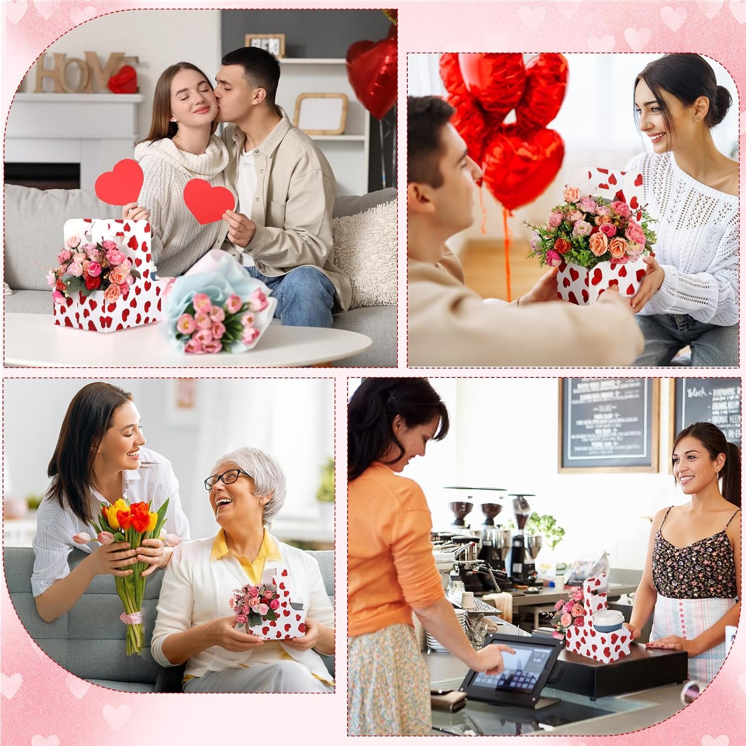 Großhandel 24 Stück Tragbarer Getränke-Träger mit Griff für 2 Becher, faltbares Herz-Papierboard für Galentines-Partybedarf, OEM für heiße und kalte Getränke, individuelles Logo verfügbar.