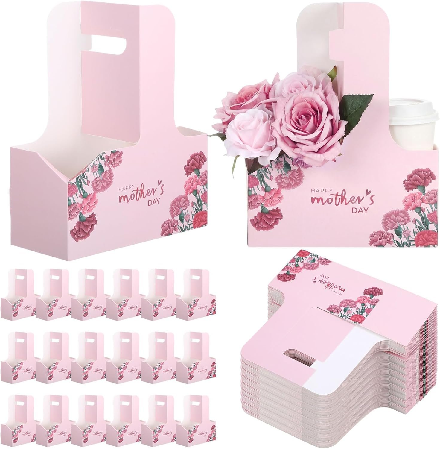 Großhandel 24 Stück Tragegestell für Becher mit Griff, faltbares Getränketablett für heiße/kalte Getränke, individueller Logoaufdruck, Hersteller für Muttertagsbedarf, OEM Kaffee-Pappbecher-Holder