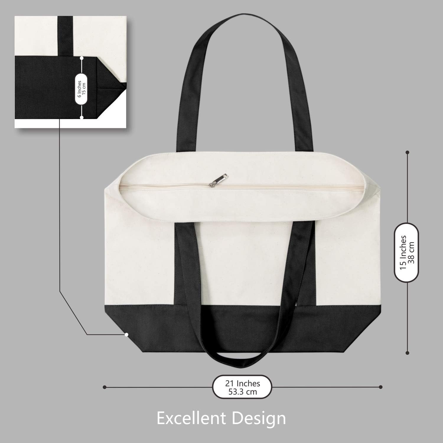 Großhandel Canvas Tragetasche mit externem Taschenfach, wiederverwendbar für den Lebensmitteleinkauf, hochwertige Reißverschlussöffnung, tägliche Essentials (Schwarz/Natur, Packung mit 1), Individuelles Logo, Hersteller für Großmenge. Großhandel Canvas Tragetasche mit externem Taschenfach, wiederverwendbar für den Lebensmitteleinkauf, hochwertige Reißverschlussöffnung, tägliche Essentials (Schwarz/Natur, Packung mit 1), Individuelles Logo, Hersteller für Großmenge.