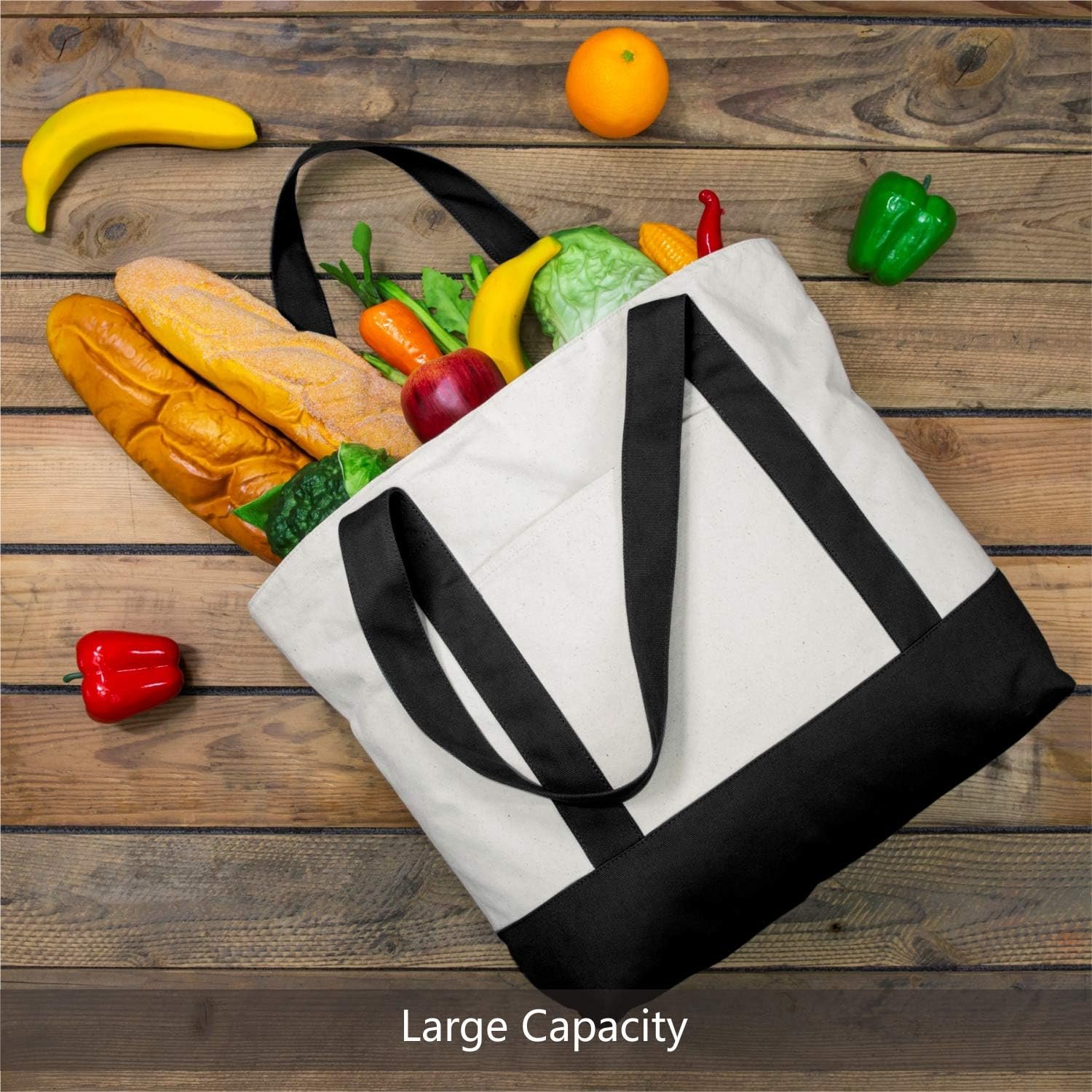 Großhandel Canvas Tragetasche mit externem Taschenfach, wiederverwendbar für den Lebensmitteleinkauf, hochwertige Reißverschlussöffnung, tägliche Essentials (Schwarz/Natur, Packung mit 1), Individuelles Logo, Hersteller für Großmenge. Großhandel Canvas Tragetasche mit externem Taschenfach, wiederverwendbar für den Lebensmitteleinkauf, hochwertige Reißverschlussöffnung, tägliche Essentials (Schwarz/Natur, Packung mit 1), Individuelles Logo, Hersteller für Großmenge.