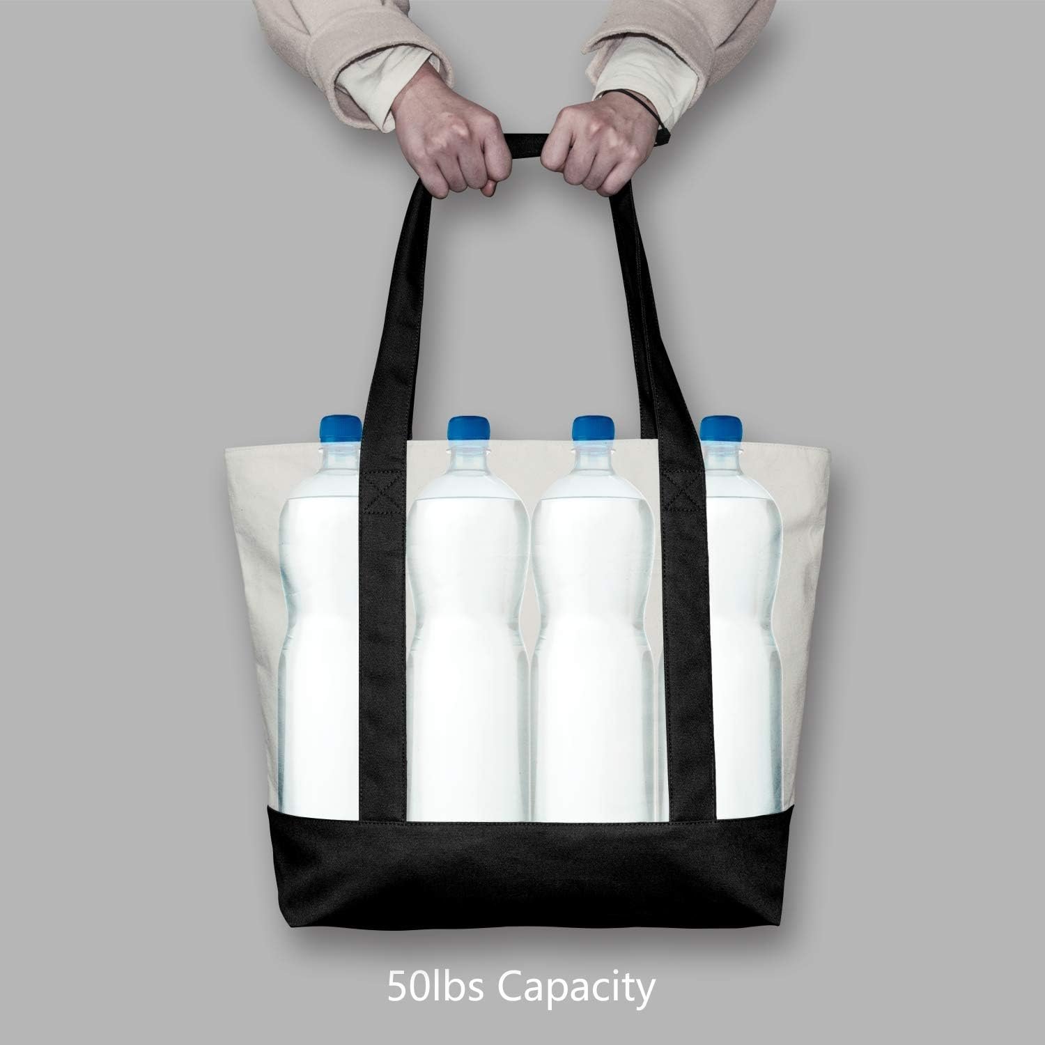 Großhandel Canvas Tragetasche mit externem Taschenfach, wiederverwendbar für den Lebensmitteleinkauf, hochwertige Reißverschlussöffnung, tägliche Essentials (Schwarz/Natur, Packung mit 1), Individuelles Logo, Hersteller für Großmenge. Großhandel Canvas Tragetasche mit externem Taschenfach, wiederverwendbar für den Lebensmitteleinkauf, hochwertige Reißverschlussöffnung, tägliche Essentials (Schwarz/Natur, Packung mit 1), Individuelles Logo, Hersteller für Großmenge.