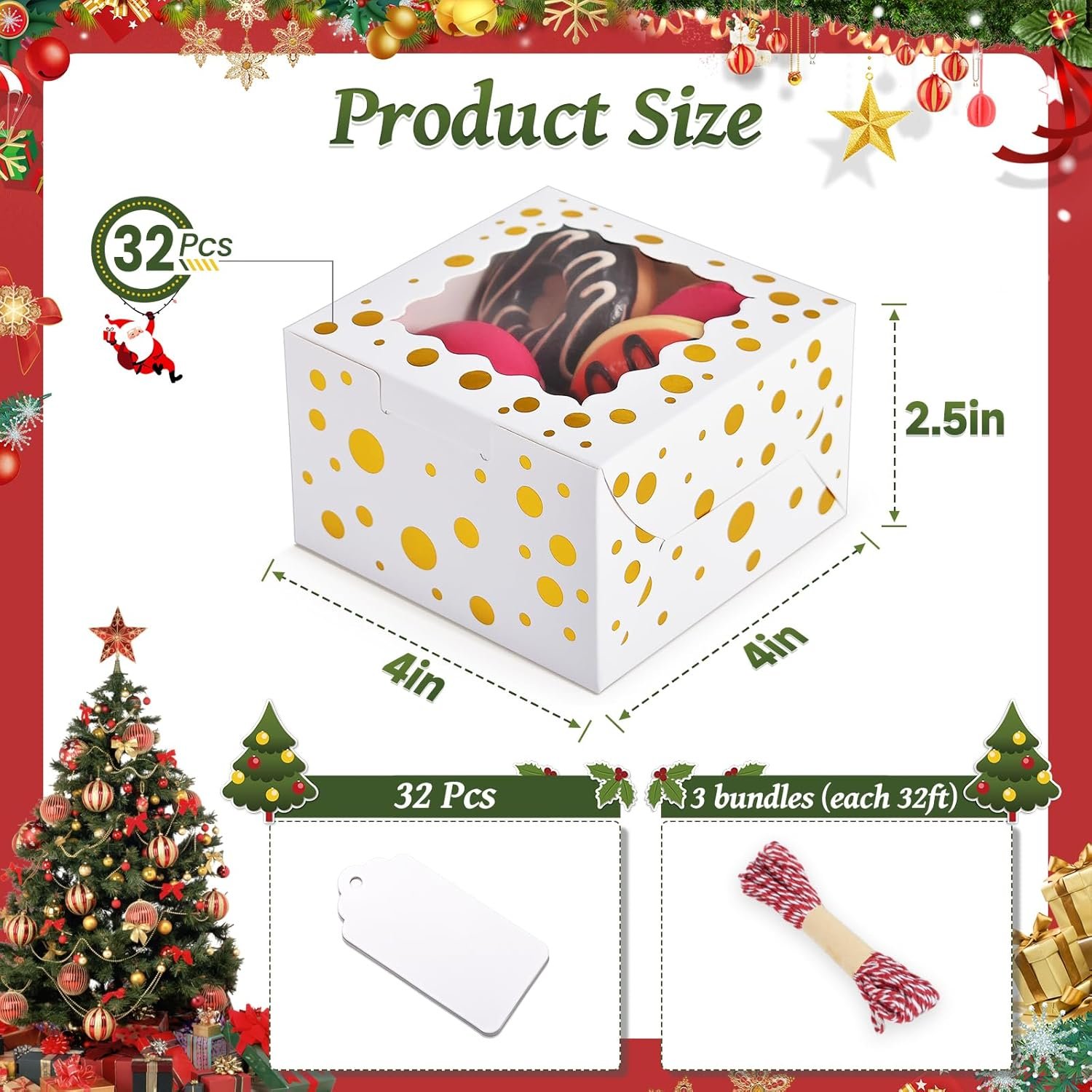 Großhandel 32 Stück 4x4x2,5 Zoll Weihnachtskeksboxen mit Fenster, weiße Bäckereiboxen für Geschenke, individuelle Logo-Druckoptionen, Hersteller von Leckereien, Bulk-Pastry-Boxen für Schokolade, Cupcakes und Donuts. Großhandel 32 Stück 4x4x2,5 Zoll Weihnachtskeksboxen mit Fenster, weiße Bäckereiboxen für Geschenke, individuelle Logo-Druckoptionen, Hersteller von Leckereien, Bulk-Pastry-Boxen für Schokolade, Cupcakes und Donuts.