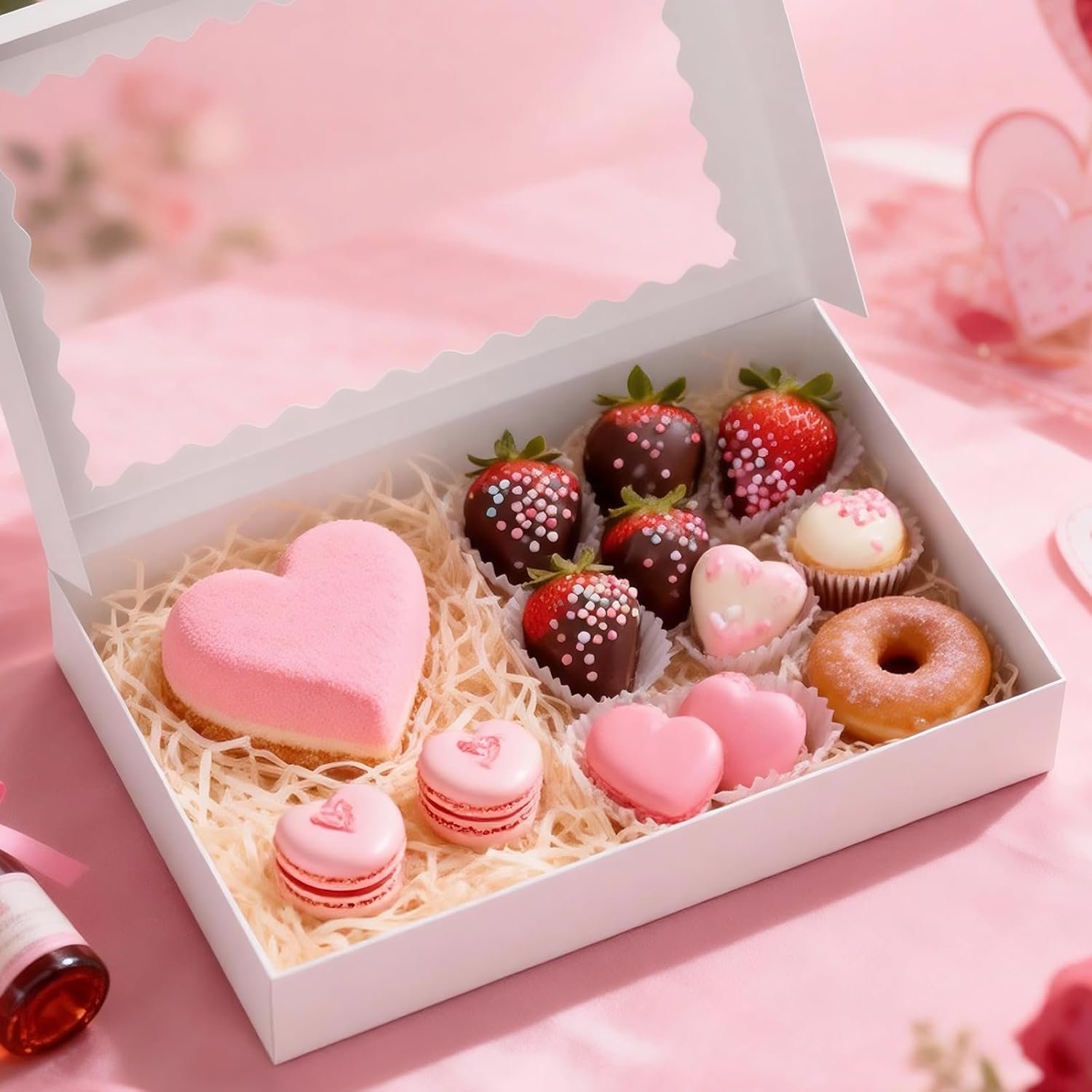 Großhandel 40 Stück Verpackungsboxen mit Fenster, 16x11x2,5 Zoll, ideale Donut-Boxen und weiße Keksboxen für Schokoladenüberzogene Erdbeeren, Macarons, Donuts, Torten und Kekse, individuell bedruckbar, vom Lieferanten.