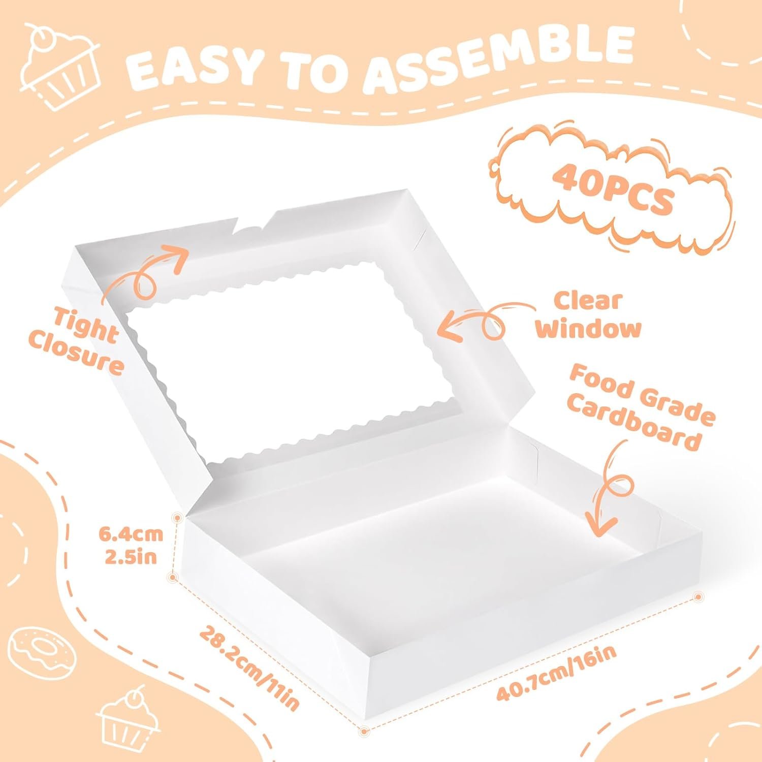 Großhandel 40 Stück Verpackungsboxen mit Fenster, 16x11x2,5 Zoll, ideale Donut-Boxen und weiße Keksboxen für Schokoladenüberzogene Erdbeeren, Macarons, Donuts, Torten und Kekse, individuell bedruckbar, vom Lieferanten.