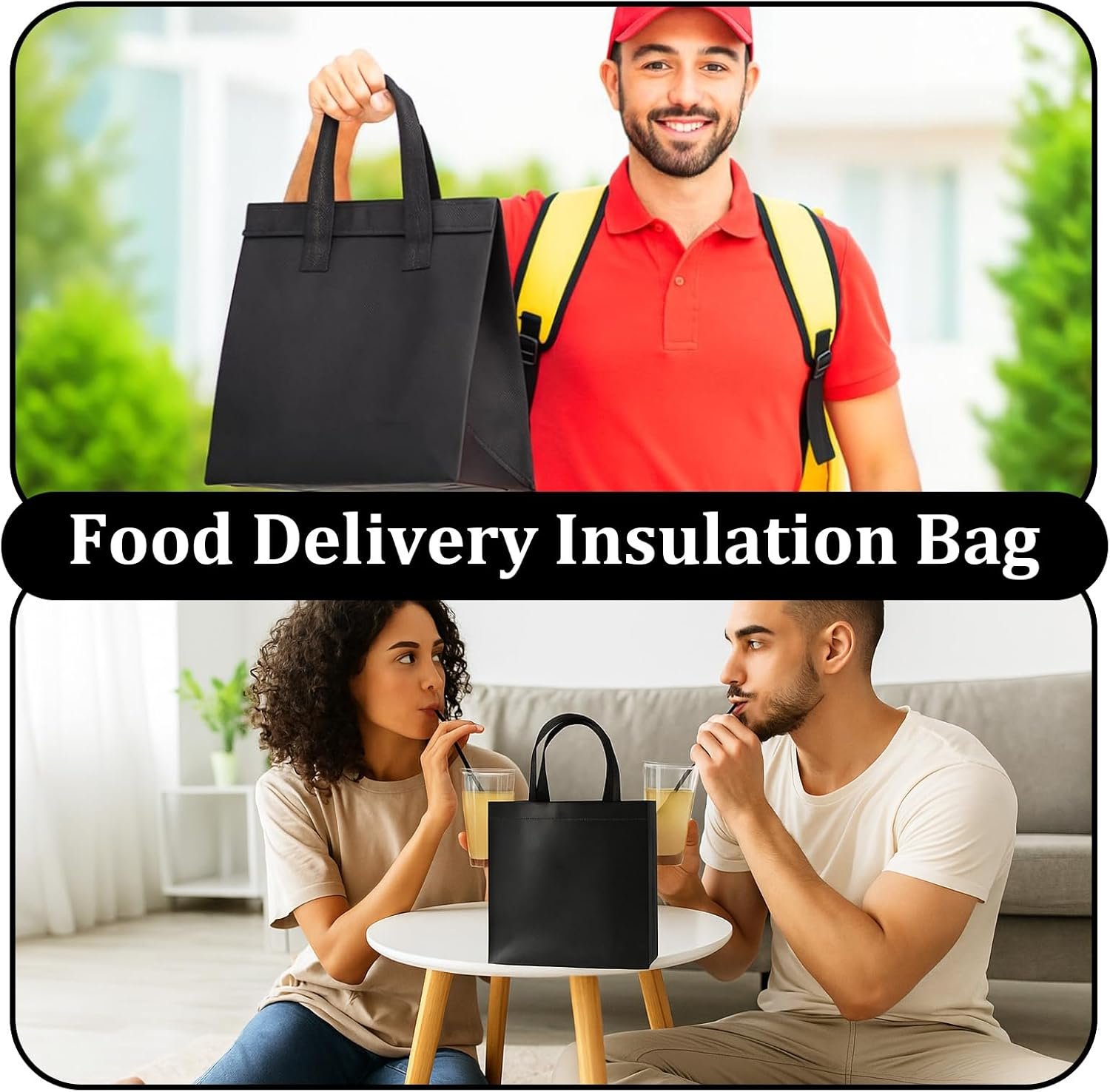 Großhandel 50 Stück isolierte Take-Away-Taschen, kleine Kühlbeutel mit Thermoisolation für Kaffee, Take-Away-Abendessen, Milchtee, kalte oder warme Speisen, 9,5 x 6 x 10 Zoll, OEM, schwarzes Design