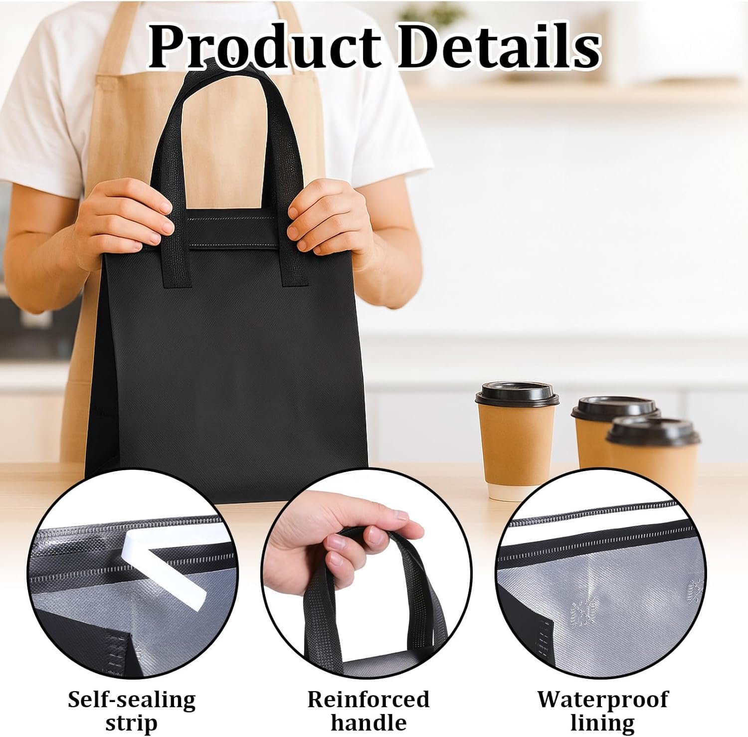 Großhandel 50 Stück isolierte Take-Away-Taschen, kleine Kühlbeutel mit Thermoisolation für Kaffee, Take-Away-Abendessen, Milchtee, kalte oder warme Speisen, 9,5 x 6 x 10 Zoll, OEM, schwarzes Design