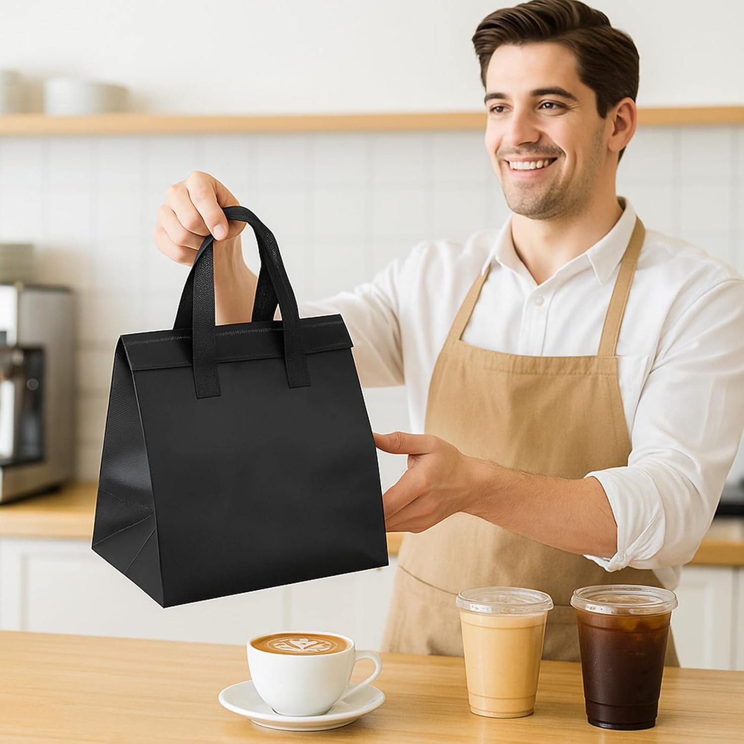 Großhandel 50 Stück isolierte Take-Away-Taschen, kleine Kühlbeutel mit Thermoisolation für Kaffee, Take-Away-Abendessen, Milchtee, kalte oder warme Speisen, 9,5 x 6 x 10 Zoll, OEM, schwarzes Design