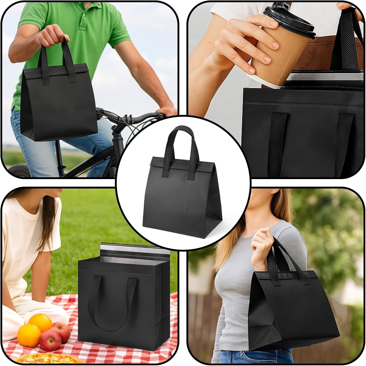 Großhandel 50 Stück isolierte Take-Away-Taschen, kleine Kühlbeutel mit Thermoisolation für Kaffee, Take-Away-Abendessen, Milchtee, kalte oder warme Speisen, 9,5 x 6 x 10 Zoll, OEM, schwarzes Design