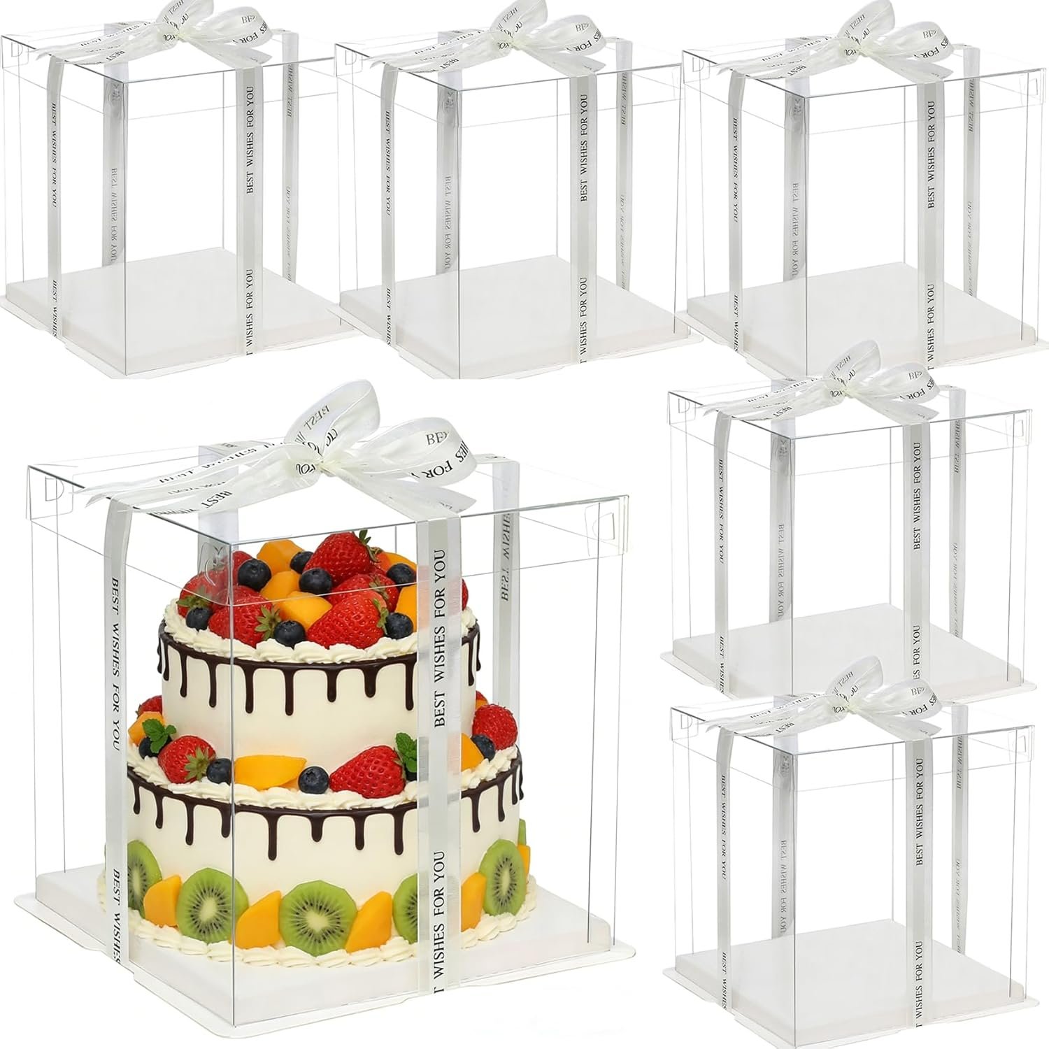Großhandel 6er Pack transparente Tortenschachteln, 10" x 10" x 9", stabile 2-lagige Kuchenboxen mit Satinband, ideal für Bäckerei, Desserts, Brot, Gebäck, Geburtstagsfeiern, Hochzeiten und Abschlüsse - Individuelles Logo, OEM erhältlich.