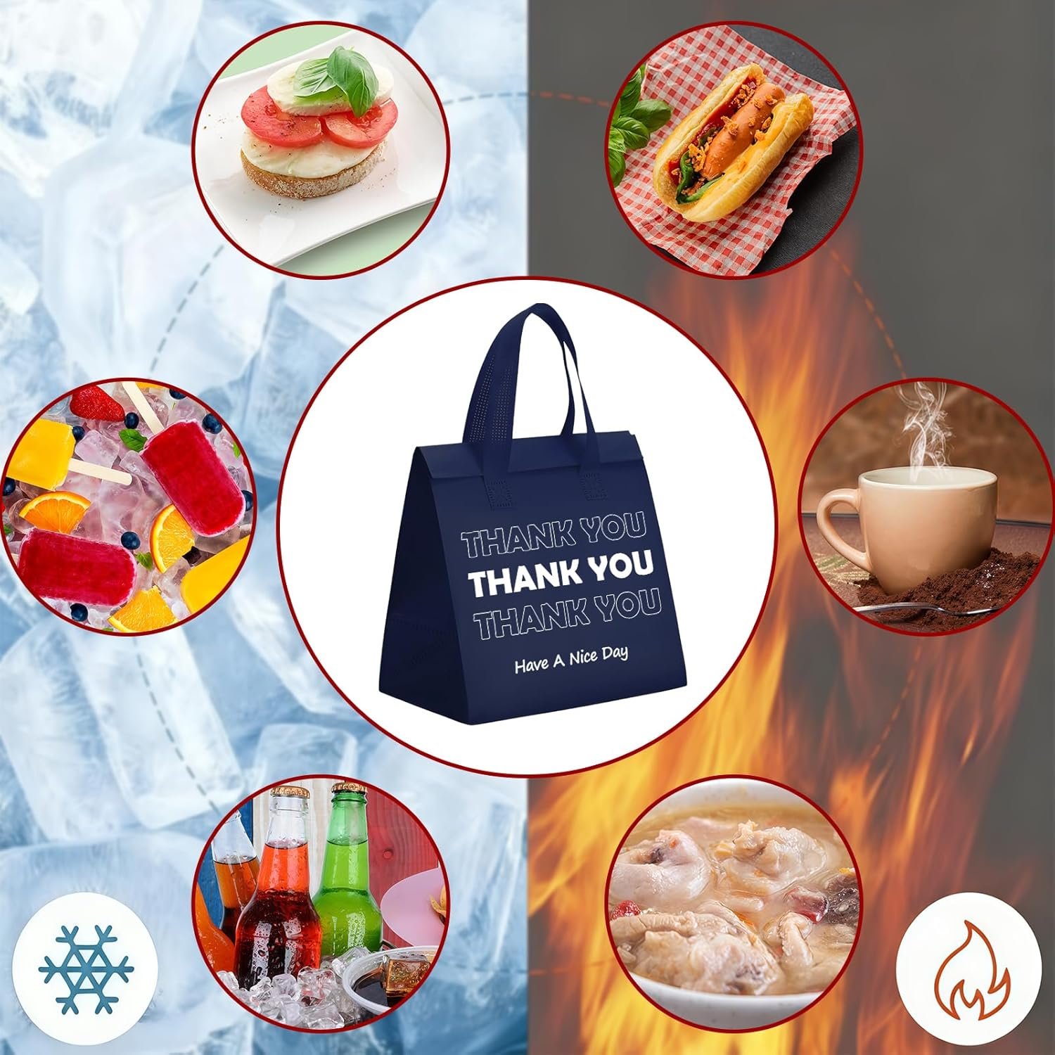 Großhandel 25 Stück Thermo-Isolierte Take Away Taschen in Multicolor für heiße und kalte Speisen, 9,5x9,5x6 cm, OEM Lieferant für Lebensmittel-Lieferdienste, Catering und Gastronomie.