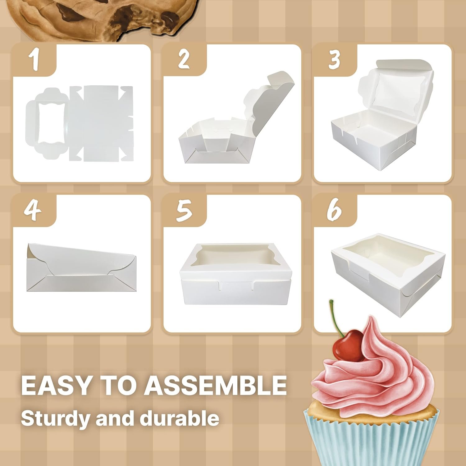 Großhandel 50-Pack Pastry Boxes mit Fenster für Cookies, Schokoladenüberzogene Erdbeeren, Macarons und Muffins, individuelles Logo, 8 x 6 x 2,5 Zoll, Dessert Einwegverpackung bei Hersteller.