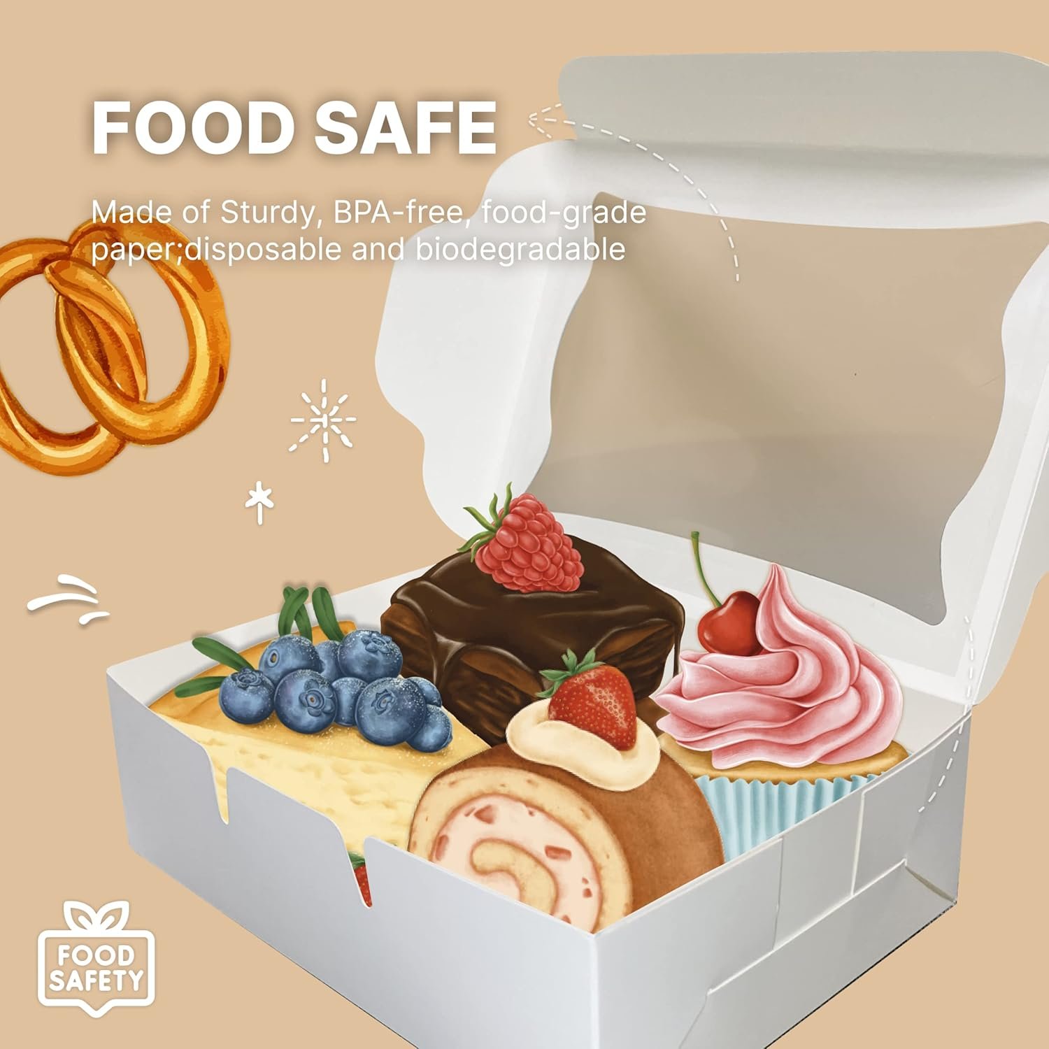 Großhandel 50-Pack Pastry Boxes mit Fenster für Cookies, Schokoladenüberzogene Erdbeeren, Macarons und Muffins, individuelles Logo, 8 x 6 x 2,5 Zoll, Dessert Einwegverpackung bei Hersteller.