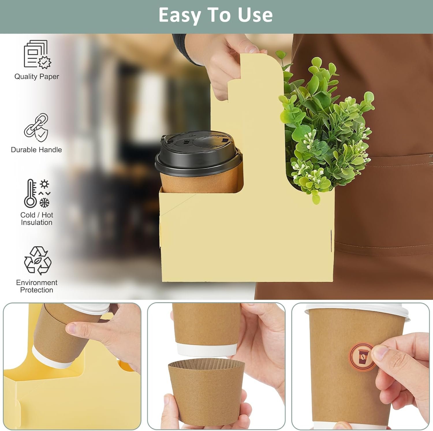 Großhandel 2 Cup Drink Carrier für heiße und kalte Getränke mit Handle, 16 Pack Einweg-Trinkträger mit Bechersleeves & Sticker, OEM für Lebensmittellieferungen oder Mitnahme.