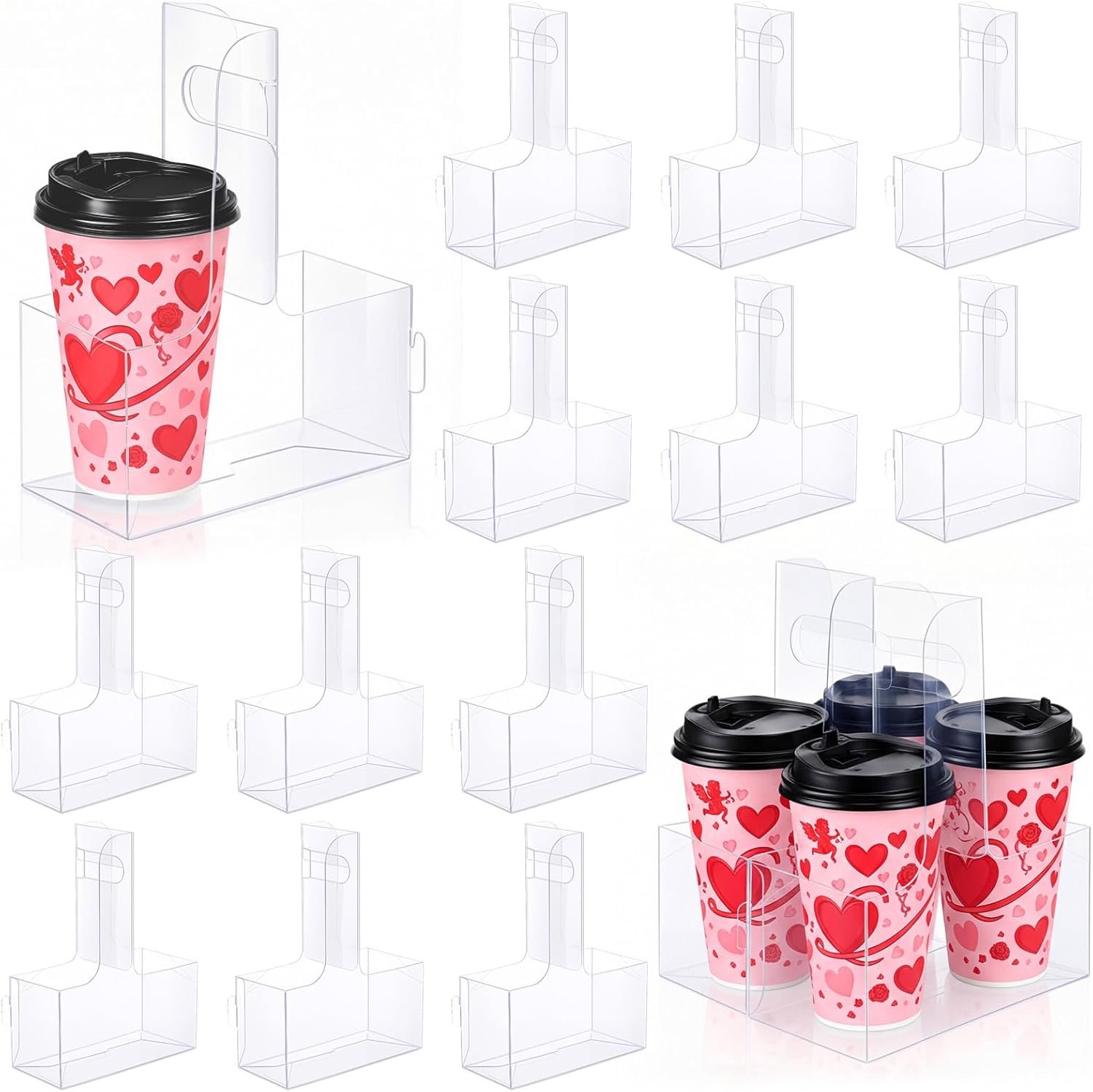 Großhandel 12 Stück Klarer Kunststoff 2-Tassen Getränkehalter mit Griff, Hochwertiger PVC Kaffeebecher-Halter, Wasserfest, wiederverwendbarer Getränke-Caddy für Takeout, Hochzeit, Party, Geburtstag, Event und Muttertag, Individuelles Logo, Hersteller