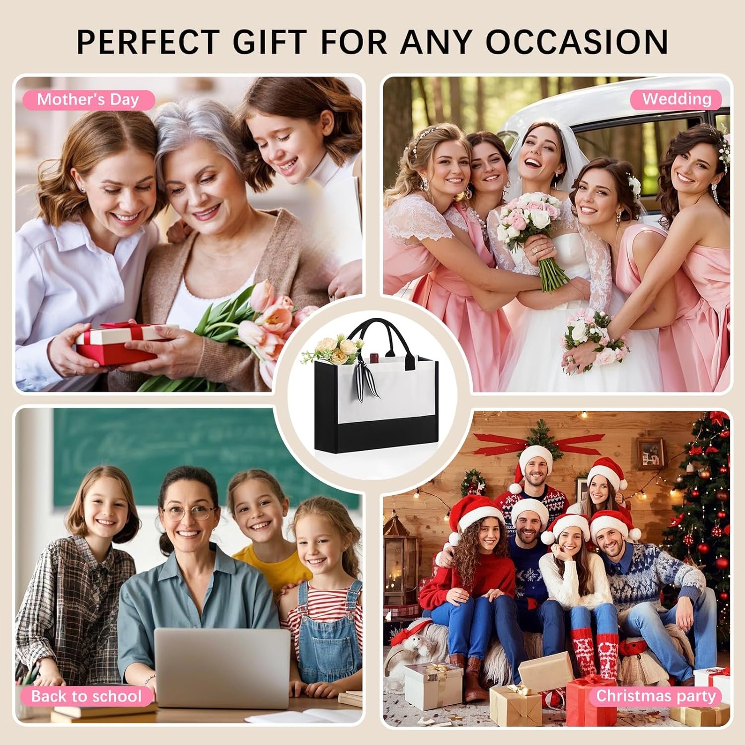 Großhandel 10 Stück individuell bedruckbare klassische Canvas Tragetasche (Schwarz und Weiß) mit Innentasche, praktische Einkaufstasche für DIY Geschenke, perfekt für Hochzeiten, Geburtstage, Strand, Geschenke für Frauen, Mütter, Lehrer und Freunde, Hersteller für Customized Logo.