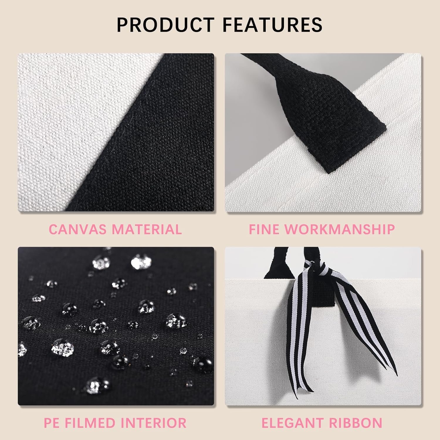 Großhandel 10 Stück individuell bedruckbare klassische Canvas Tragetasche (Schwarz und Weiß) mit Innentasche, praktische Einkaufstasche für DIY Geschenke, perfekt für Hochzeiten, Geburtstage, Strand, Geschenke für Frauen, Mütter, Lehrer und Freunde, Hersteller für Customized Logo.