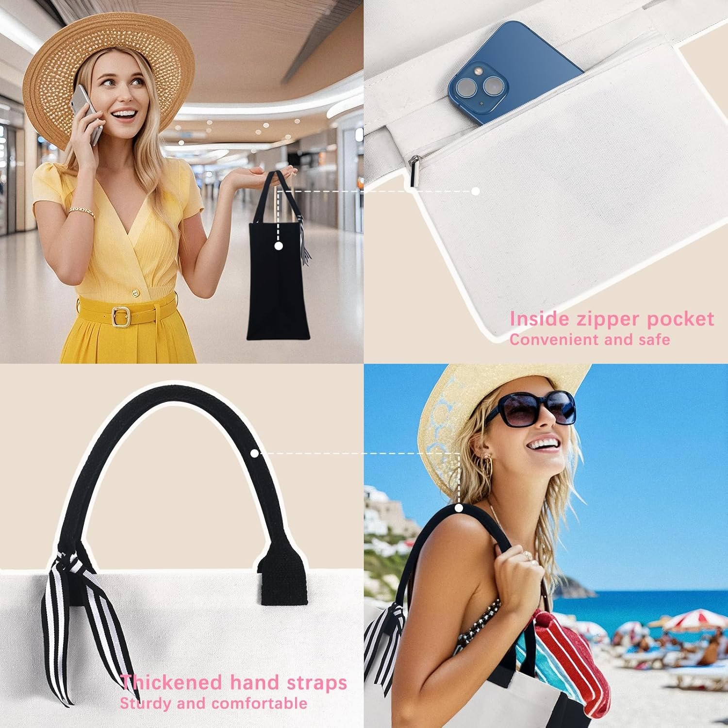 Großhandel 10 Stück individuell bedruckbare klassische Canvas Tragetasche (Schwarz und Weiß) mit Innentasche, praktische Einkaufstasche für DIY Geschenke, perfekt für Hochzeiten, Geburtstage, Strand, Geschenke für Frauen, Mütter, Lehrer und Freunde, Hersteller für Customized Logo.