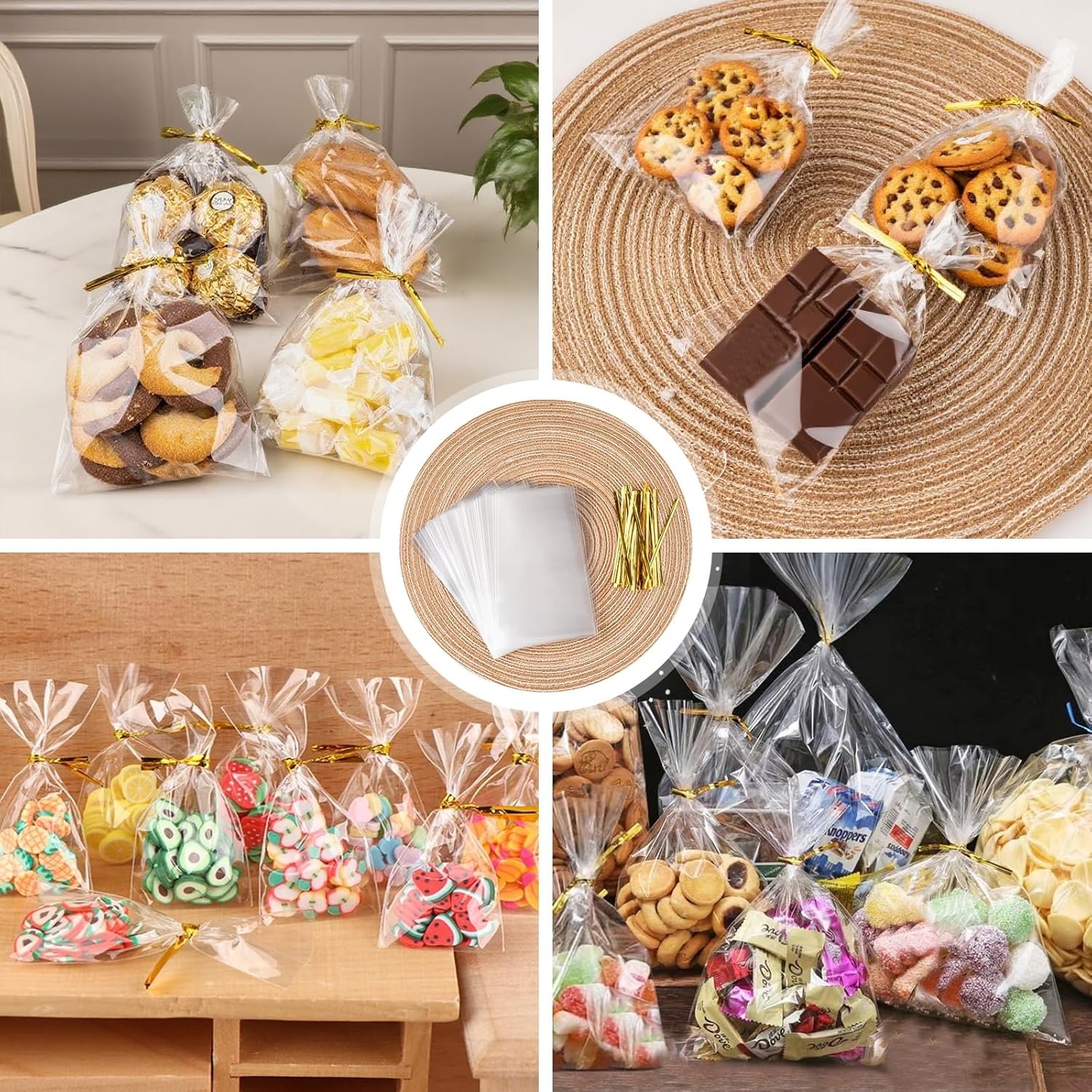 Großhandel Cellophane Taschen, 100 Stück 4x6 Zoll klare Kunststoff Goodie Beutel mit farbigen Drehverschlüssen, ideal für Cookies, Popcorn und kleine Geschenke, Individuelles Logo für Geburtstagsfeiern, OEM Hersteller Lösungen.