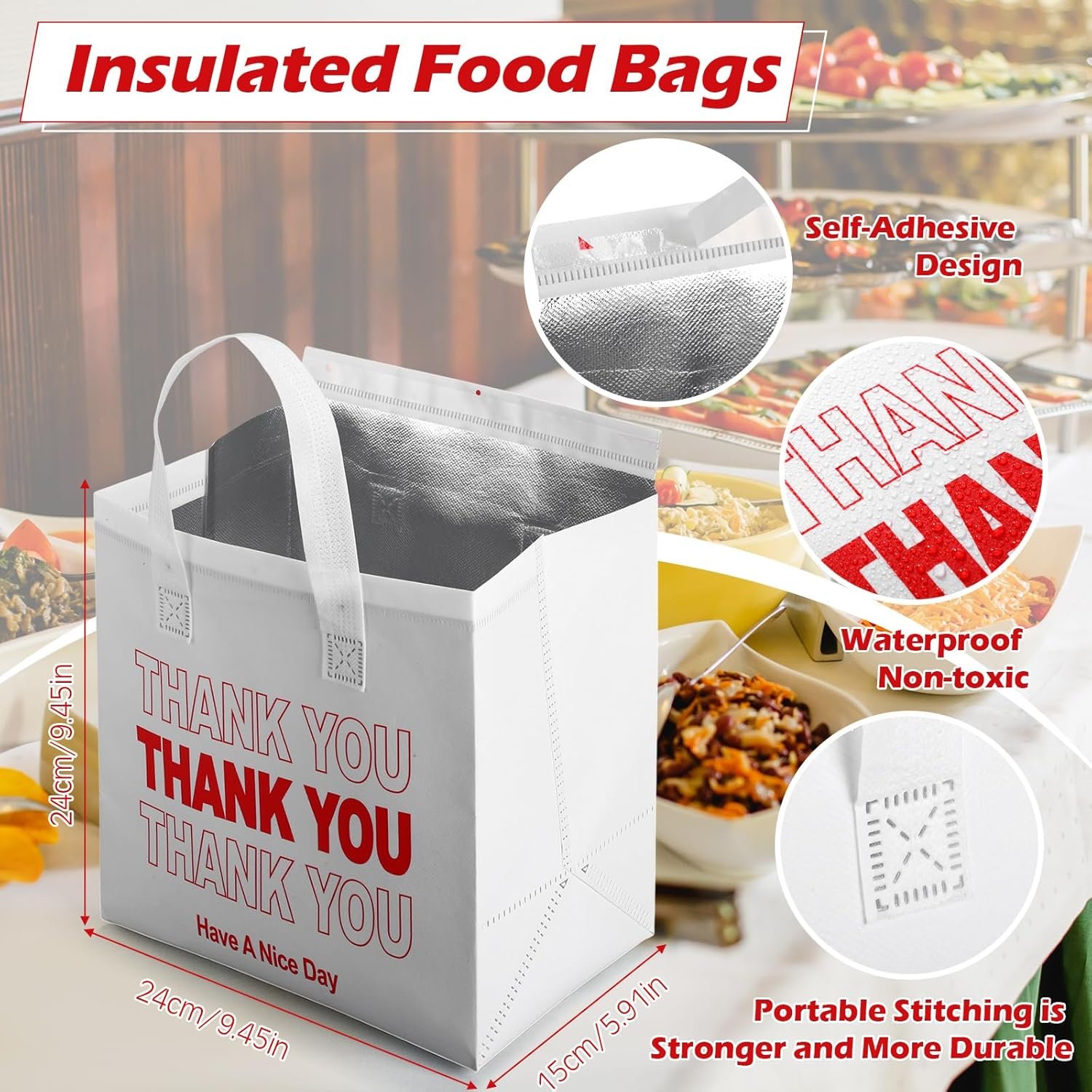 Großhandel 80 Stück isolierte Taschen für die Lieferung von Lebensmitteln 9,5 x 9,5 x 6 Zoll thermoisolierte Tasche für kalte und heiße Speisen, ideal für Catering, Restaurant, Picknick mit individuellem Logo, Hersteller von hochwertigen Thermotaschen.