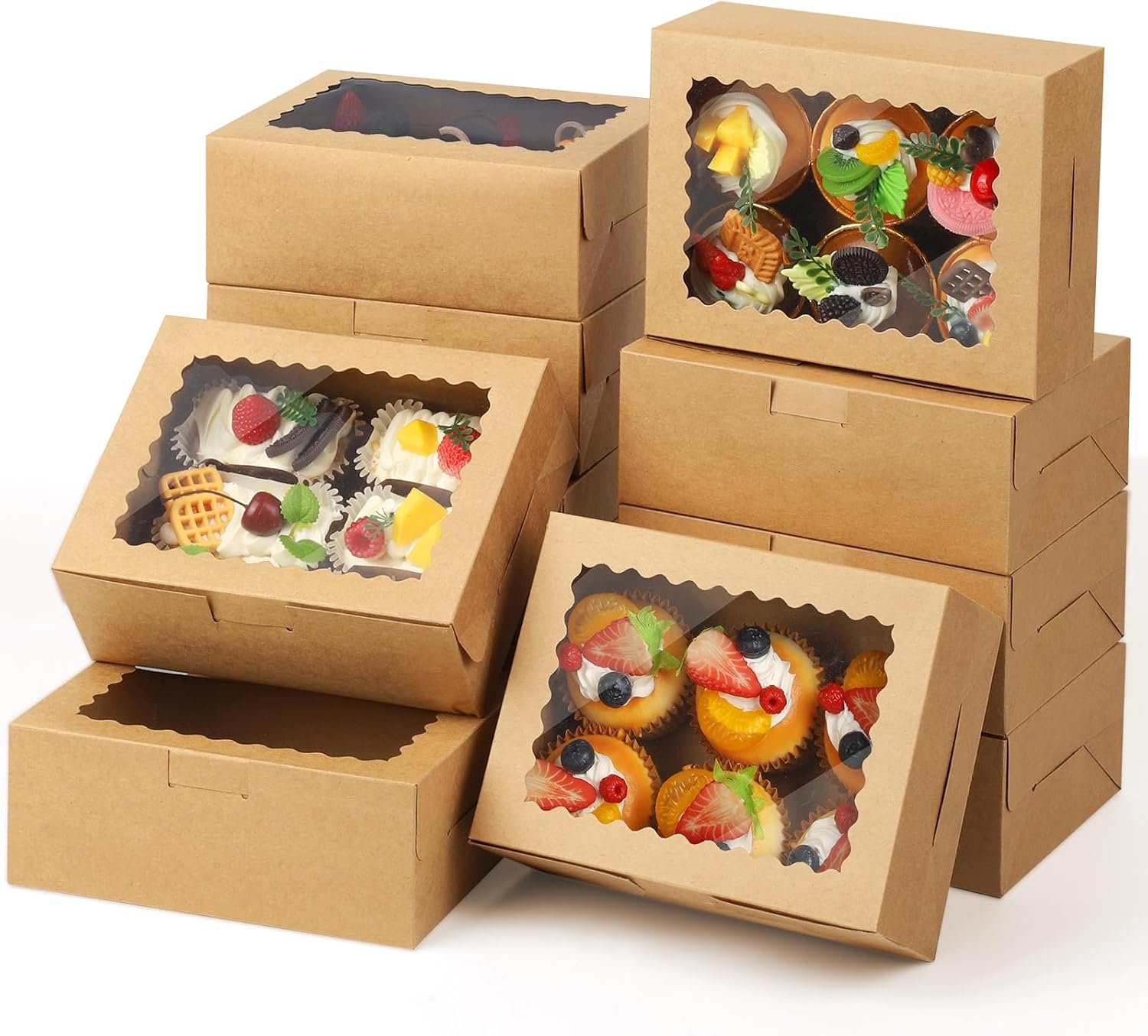 Großhandel Cupcake Boxen 24er Pack 8X6X3 Zoll, ideal für Cookies, ideal für Eigenmarke, mit Fenster, Kraftpapier-Bäckerei-Box für Donuts, Macarons und besondere Leckereien, vom Hersteller.