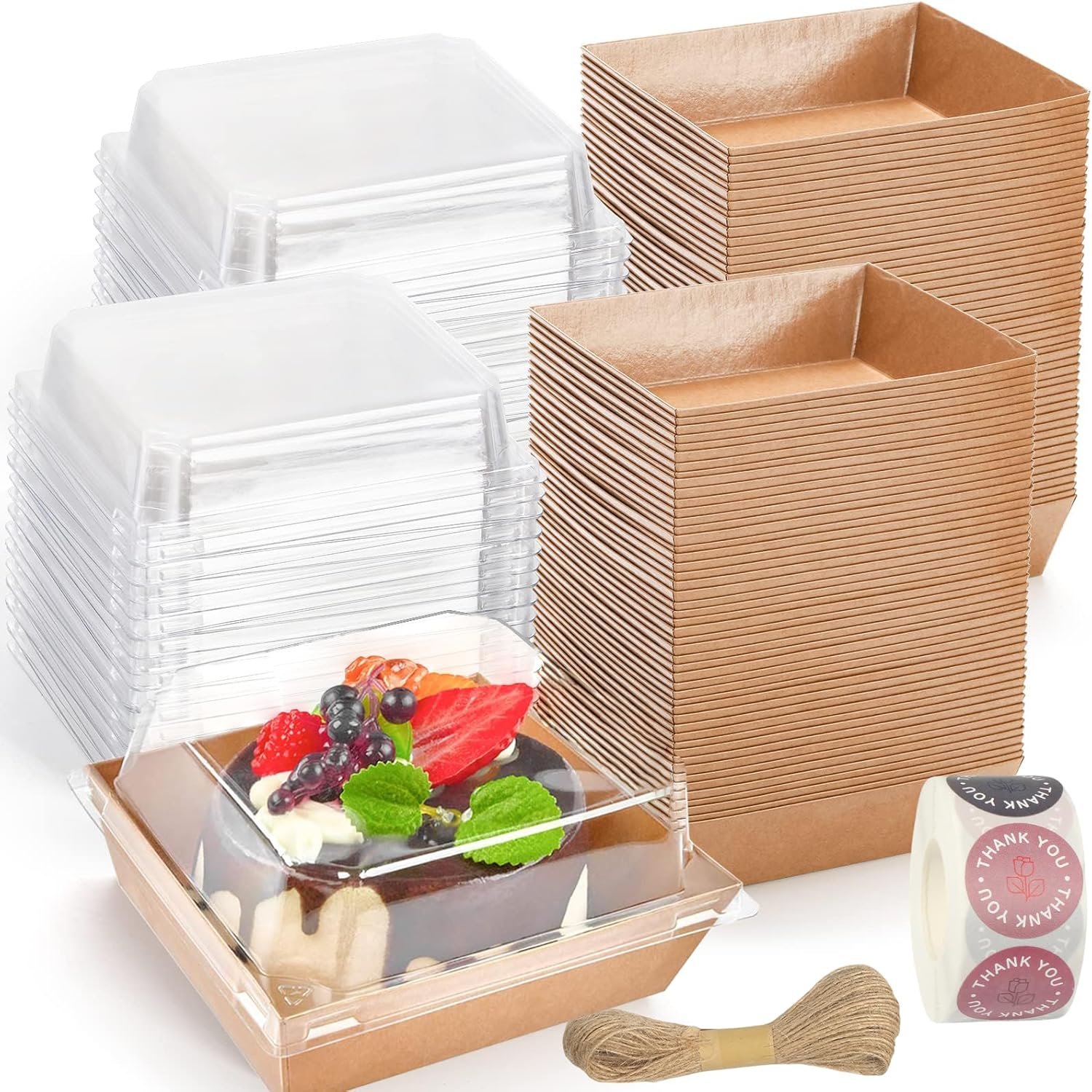 Großhandel 100 Stück Charcuterie Boxen mit Klaren Deckeln, 5 Zoll Kraft Papier To Go Gebäck Box mit 500 Aufklebern, Juteschnur, braune Einweg-Dessertbehälter für Sandwich, Keks und Kuchenscheiben, Individuelles Logo