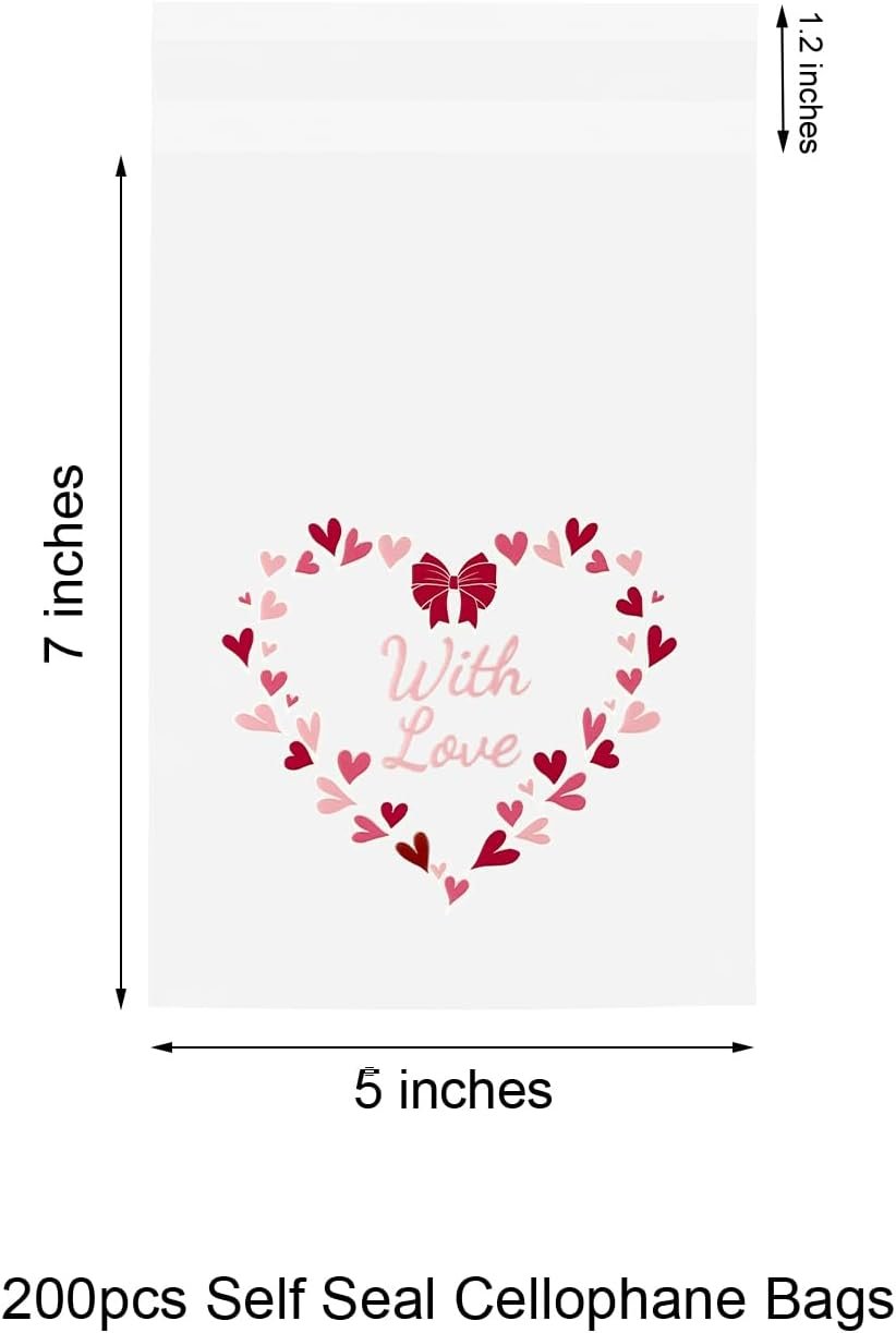 Großhandel 200 Stück 5x7 Zoll Selbstklebende Zellophantüten, Herzmuster in Pink für die eigene Marke, perfekte Geschenktüten für Valentinstag und Schulklassen. OEM Hersteller für Bäckereien.