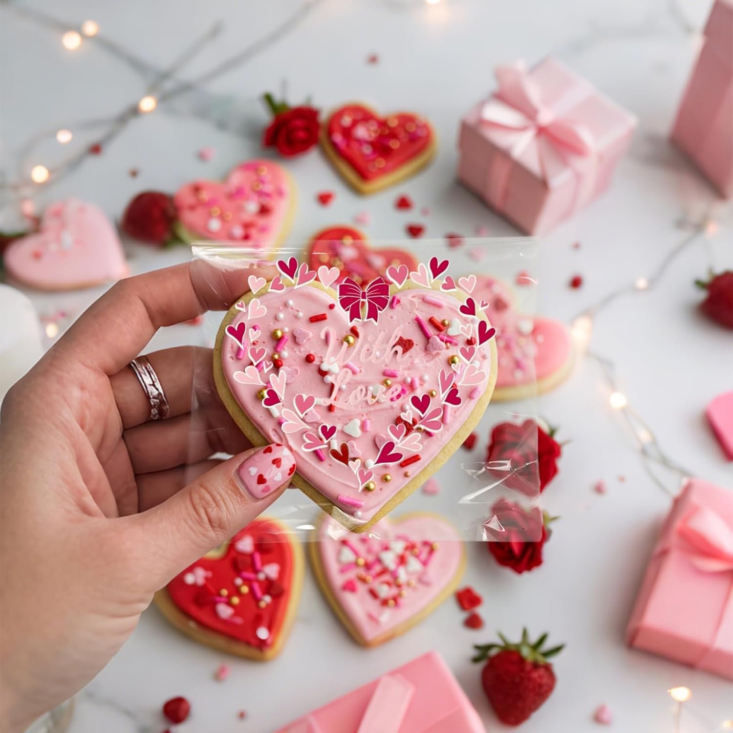 Großhandel 200 Stück 5x7 Zoll Selbstklebende Zellophantüten, Herzmuster in Pink für die eigene Marke, perfekte Geschenktüten für Valentinstag und Schulklassen. OEM Hersteller für Bäckereien.