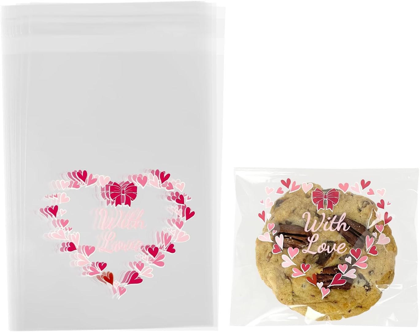 Großhandel 200 Stück 5x7 Zoll Selbstklebende Zellophantüten, Herzmuster in Pink für die eigene Marke, perfekte Geschenktüten für Valentinstag und Schulklassen. OEM Hersteller für Bäckereien.