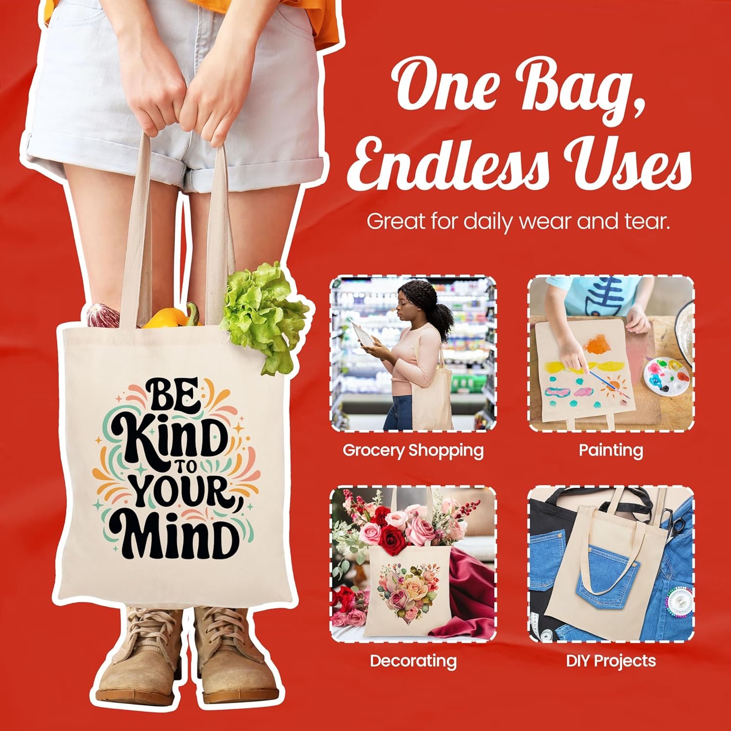 Großhandel 50er-Pack leichte Baumwolltaschen – wiederverwendbare Einkaufstaschen in Medium für DIY-Projekte, Werbung, Malerei, Bestickung mit individuellem Logo vom Hersteller.