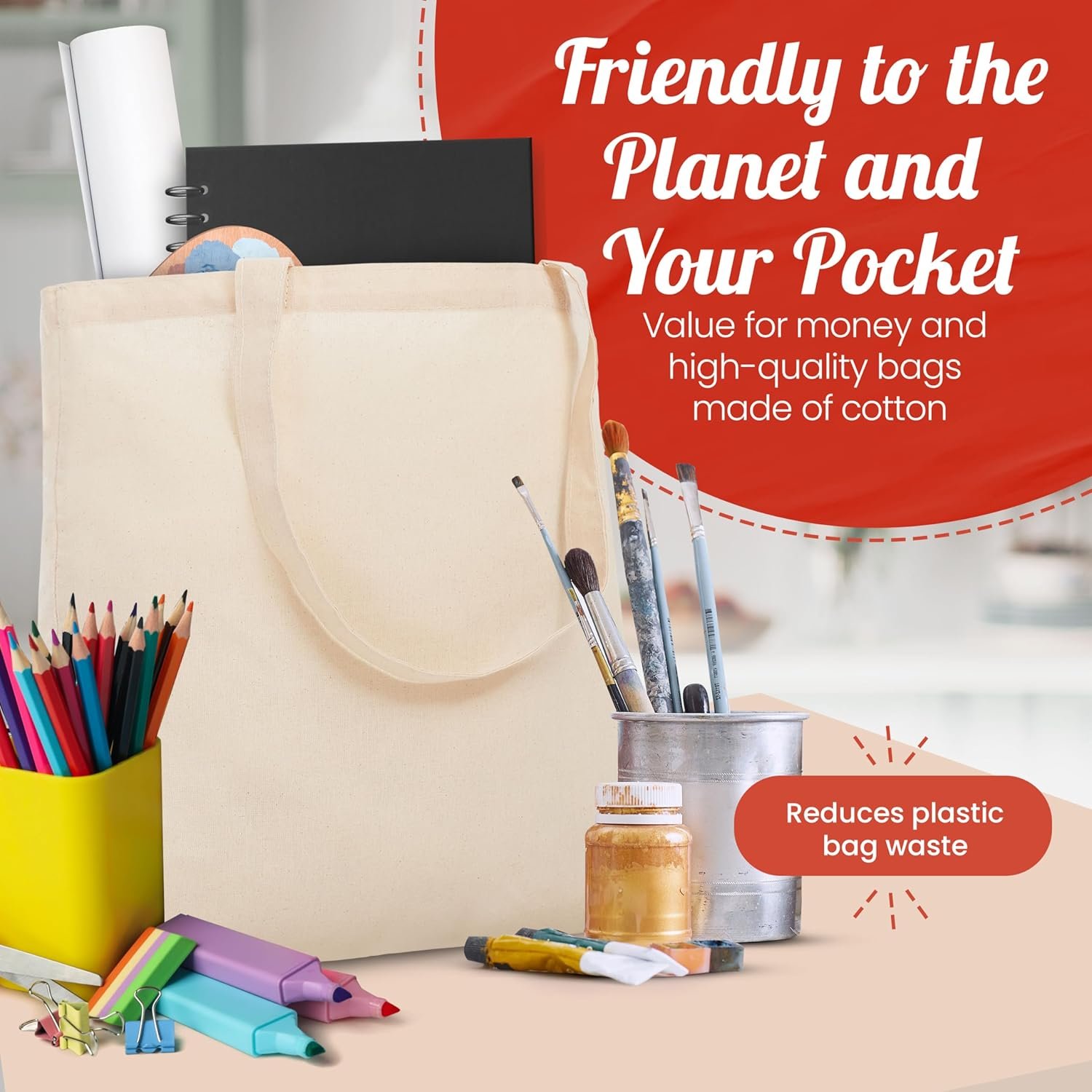 Großhandel 50er-Pack leichte Baumwolltaschen – wiederverwendbare Einkaufstaschen in Medium für DIY-Projekte, Werbung, Malerei, Bestickung mit individuellem Logo vom Hersteller.