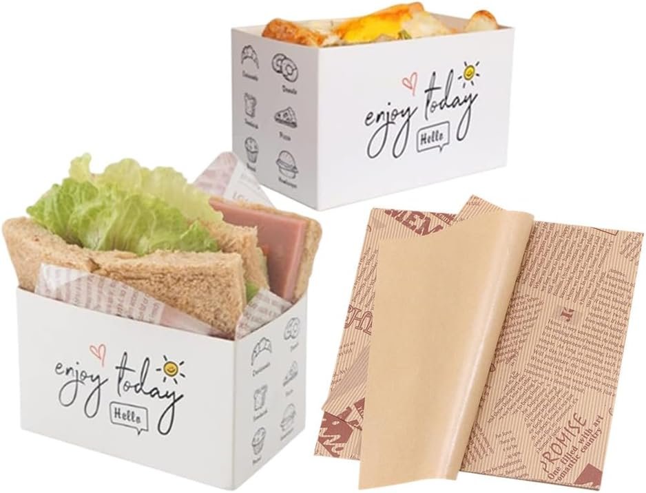 Großhandel 50 Pack Papier Take Away Container, Mini Burger Boxen, Sandwich To-Go Boxen mit 50 Blatt Öl-Papier für Restaurant, Picknick und Partyfood, Individuelles Logo, Hersteller.