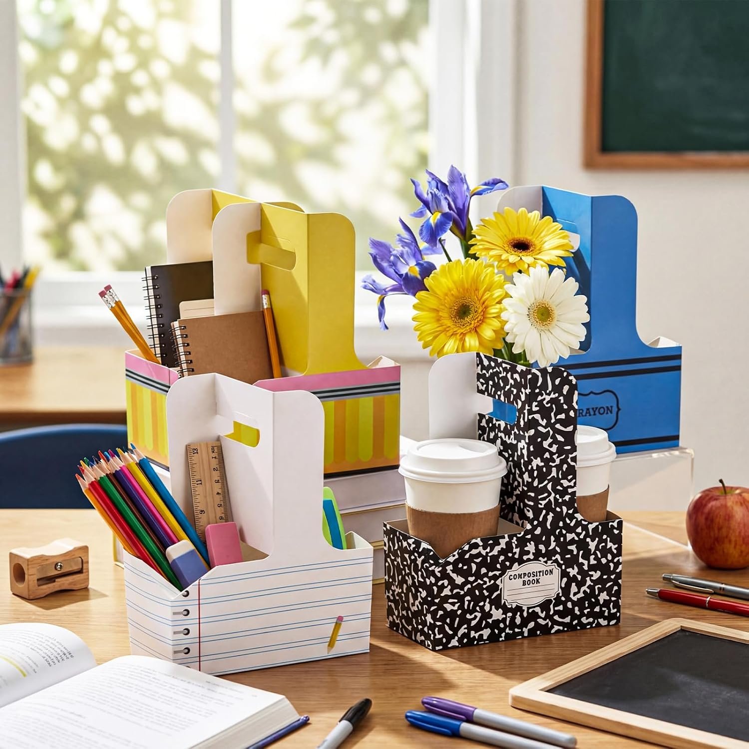 Großhandel 40 Stück Lehrer Wertschätzung Geschenke, faltbare Träger für Getränke mit Griffen, ideales Kraftpapier für heiße und kalte Getränke, individuell bedruckbar, Hersteller für Bürozubehör und Schulbedarf.