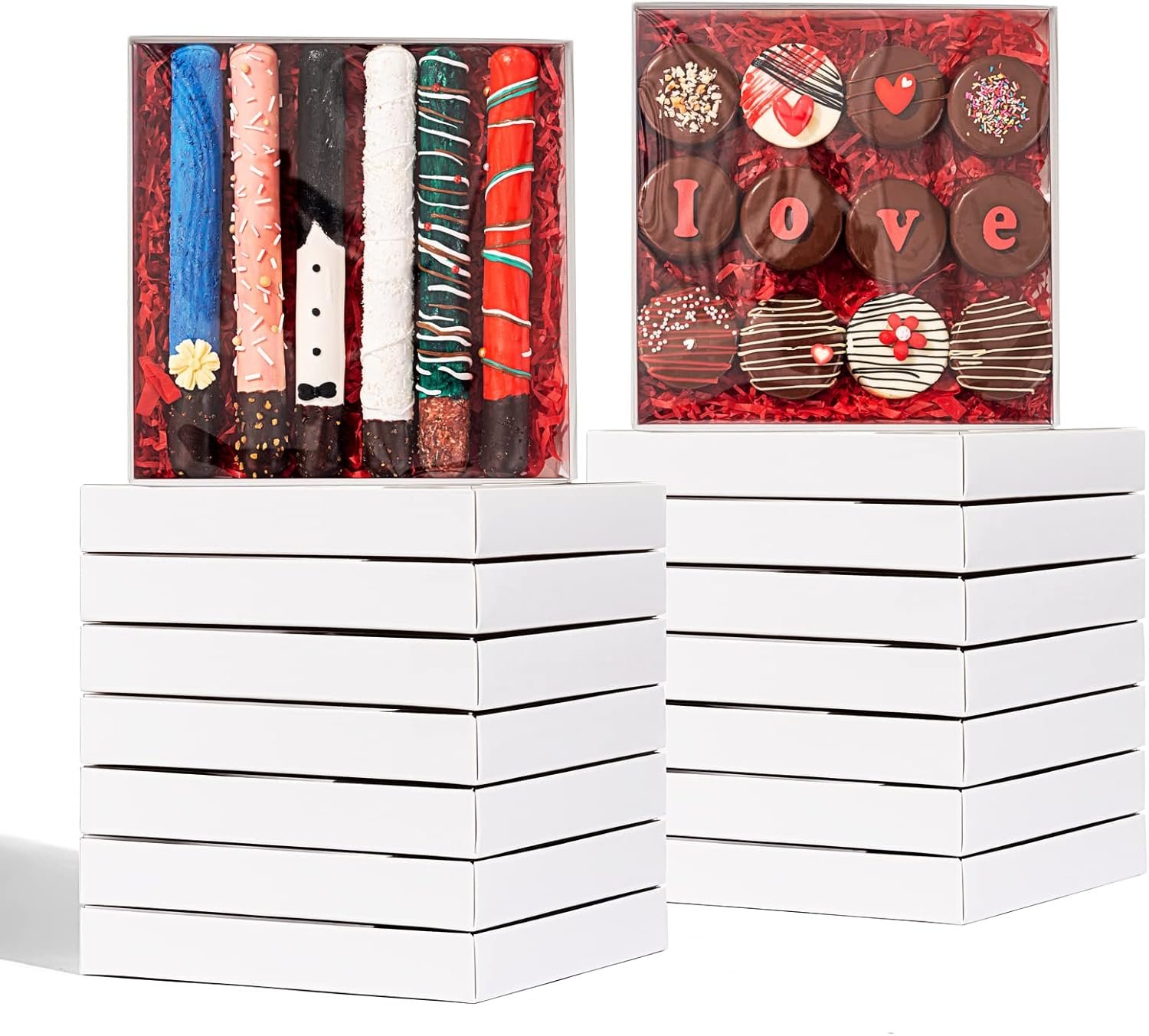 Großhandel 24-Pack Kuchen- und Keksboxen 8x8x1½ Zoll mit klarem Sichtfenster, ideal für Macarons, Schokoladenüberzogene Brezelstangen, individuelle Logo-Optionen, vom Hersteller bezogen.
