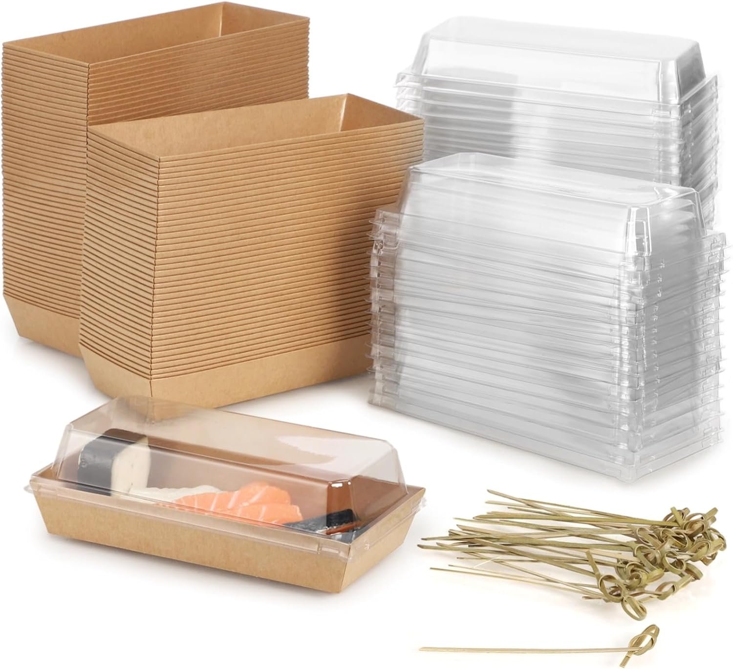 Großhandel 100 Stück Papier Charcuterie Boxen mit klaren Deckeln, 7,5 x 3,3 x 2,4 Zoll Sandwichboxen mit 100 Holzstäbchen, OEM Einweg Lebensmittelbehälter für Süßigkeiten, Kekse, Desserts, Früchte, Hersteller von Skewern
