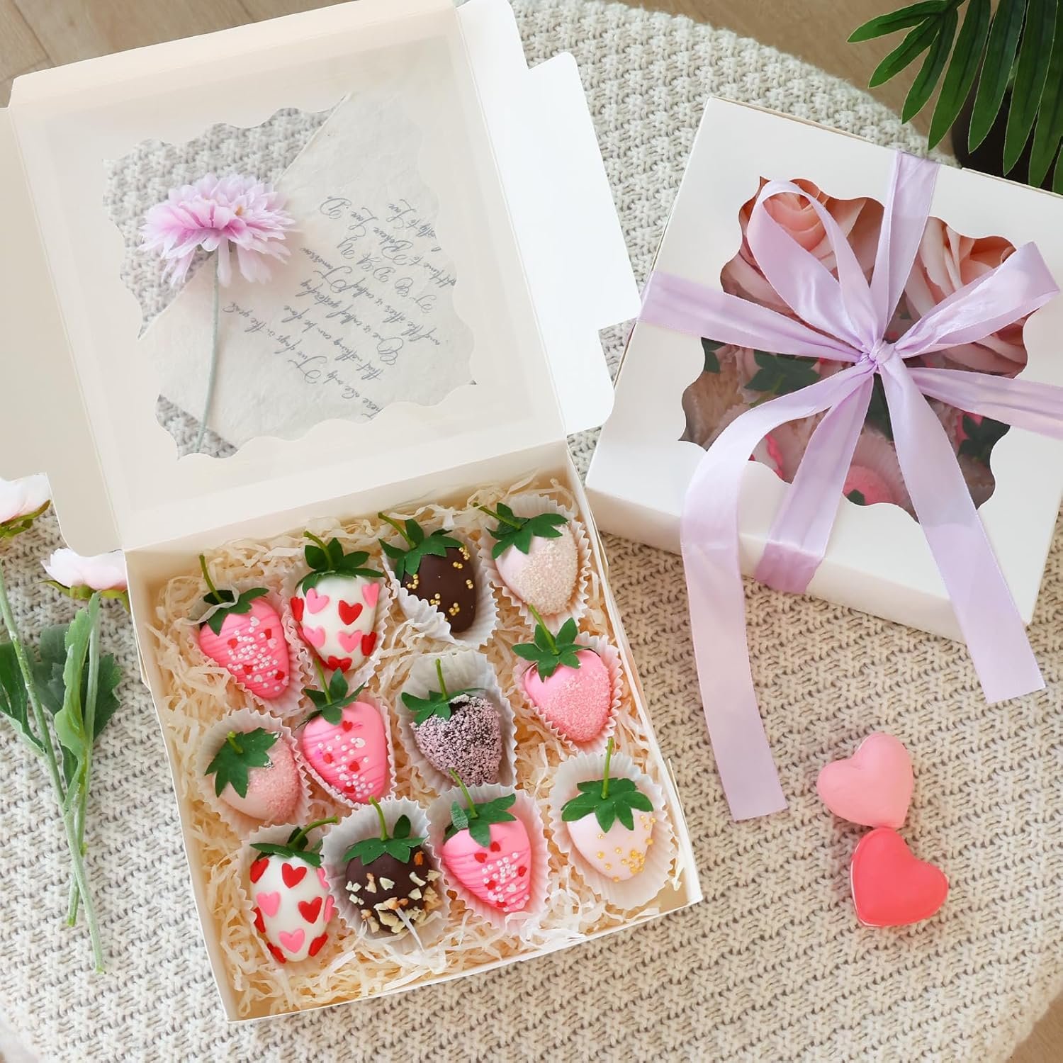 Großhandel 30 Stück 8x8x2,5 cm Bakery Boxen, weiße Boxen mit Fenster für Donuts, Schokoladen-Erdbeeren, Torten, individuelles Logo, OEM, Bulk-Behandlung