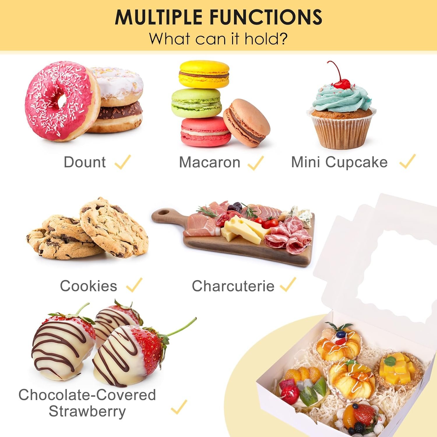 Großhandel 30 Stück 8x8x2,5 cm Bakery Boxen, weiße Boxen mit Fenster für Donuts, Schokoladen-Erdbeeren, Torten, individuelles Logo, OEM, Bulk-Behandlung