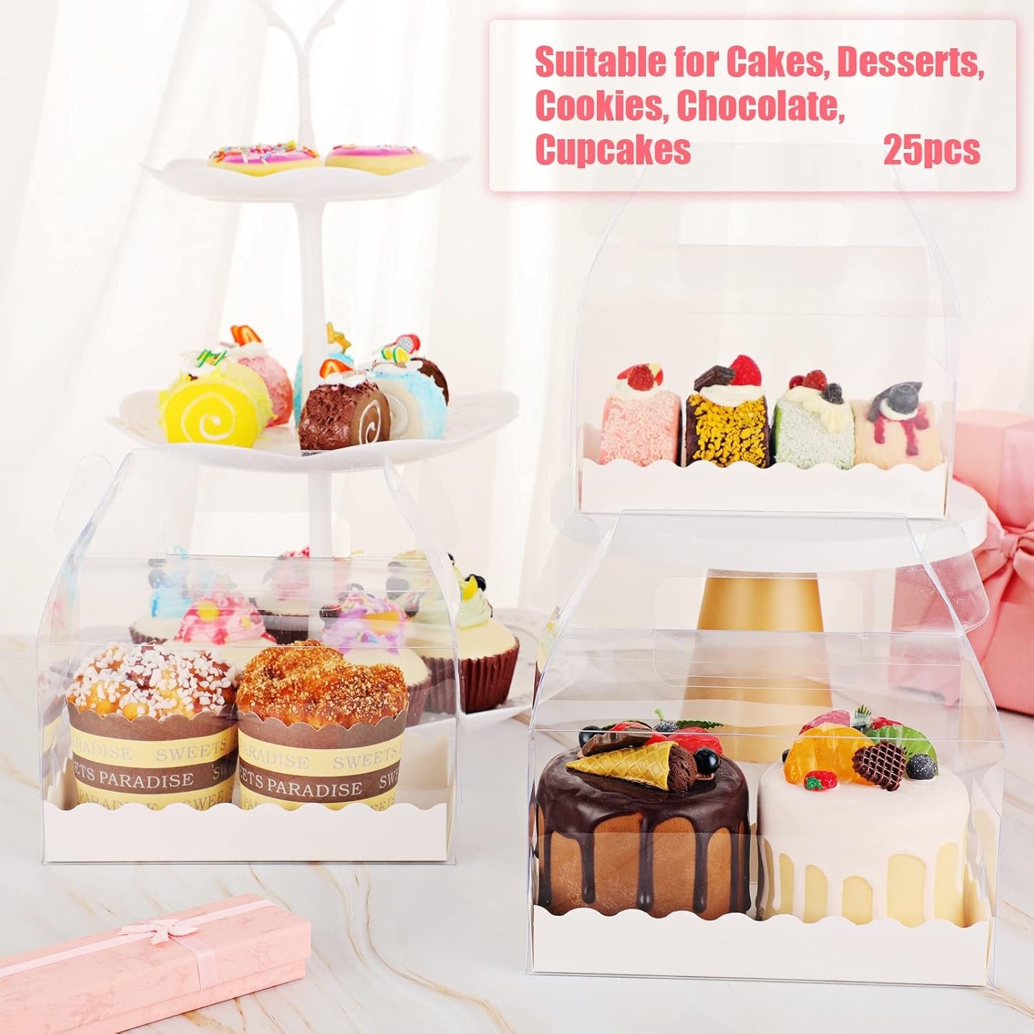 Großhandel Klarglas Gable Boxen mit Karton und Griffen für Kekse, Gebäck, Cupcakes und Desserts, 6,3 x 3,6 x 3,6 Zoll, individuelles Logo, Hersteller für Hochzeit und Party.