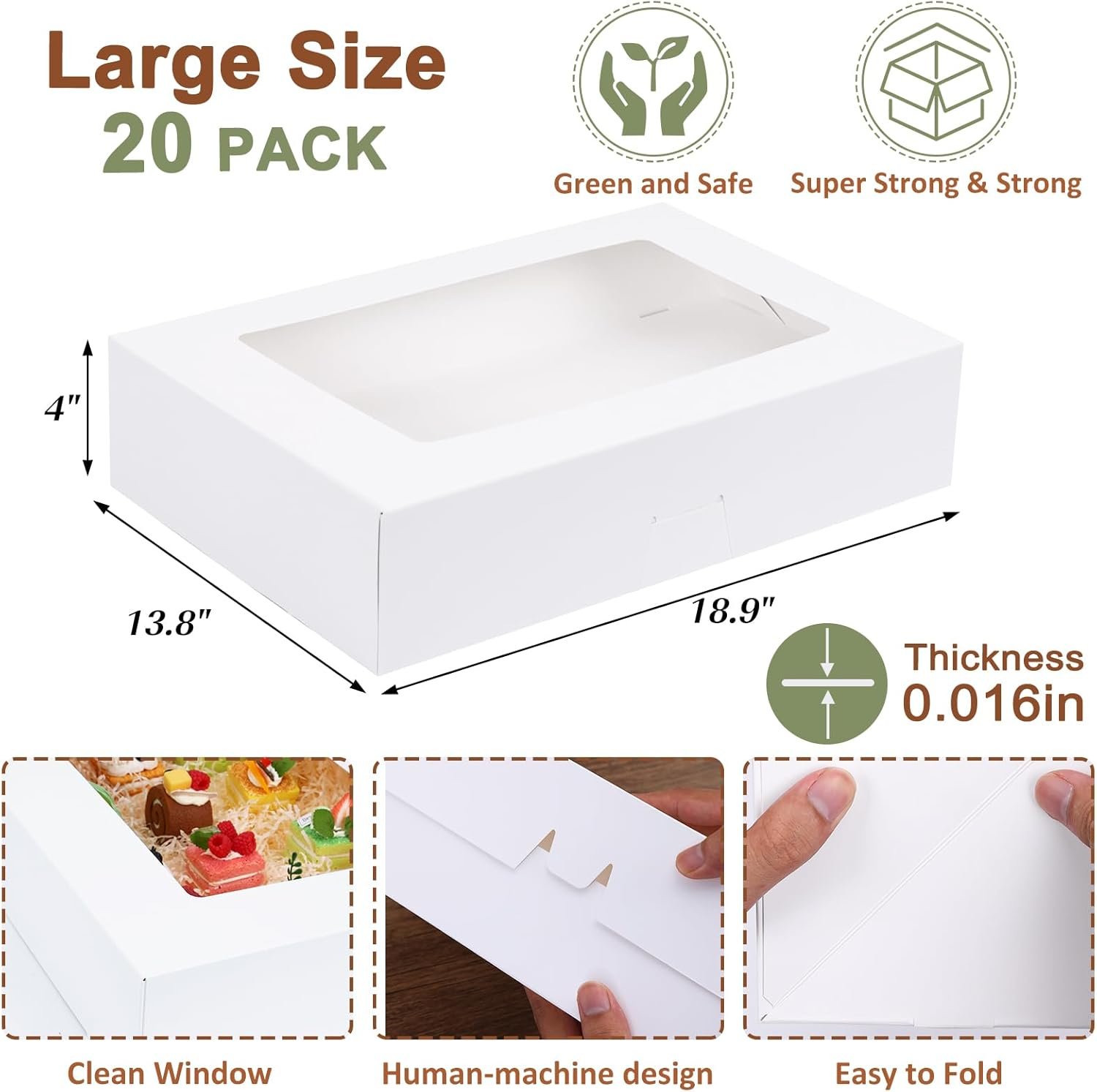 Großhandel 20 Stück 19x14x4 Zoll Bäckereiboxen mit Fenster, weiße rechteckige Verpackungen für Kuchen, Gebäck, Donuts und Cupcakes, Individuelles Logo für optimale Präsentation, Hersteller hochwertiger Verpackungslösungen.