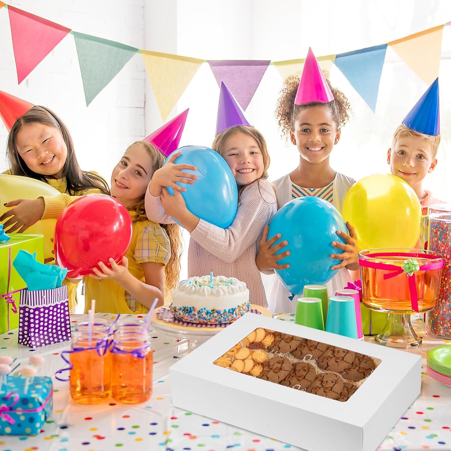 Großhandel 20 Stück 19x14x4 Zoll Bäckereiboxen mit Fenster, weiße rechteckige Verpackungen für Kuchen, Gebäck, Donuts und Cupcakes, Individuelles Logo für optimale Präsentation, Hersteller hochwertiger Verpackungslösungen.