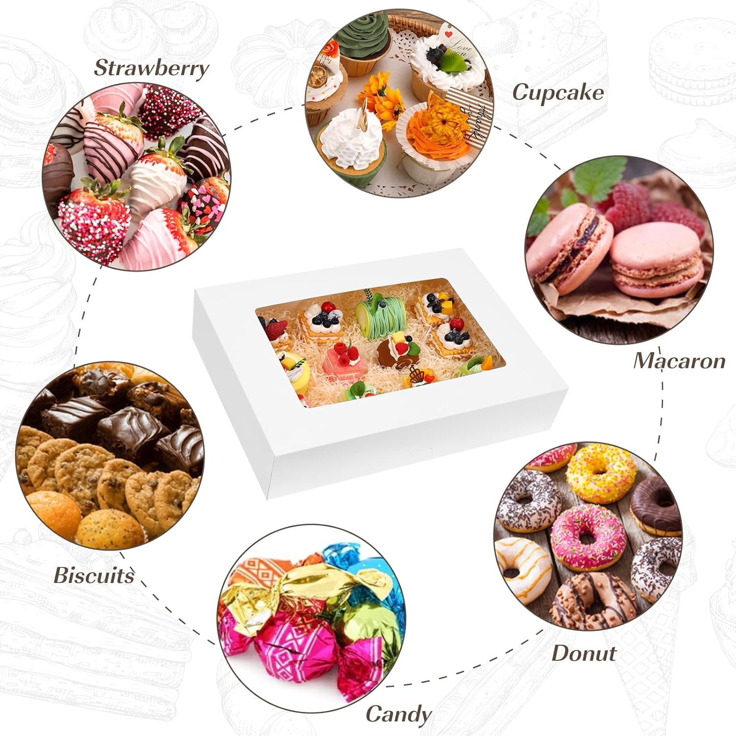 Großhandel 20 Stück 19x14x4 Zoll Bäckereiboxen mit Fenster, weiße rechteckige Verpackungen für Kuchen, Gebäck, Donuts und Cupcakes, Individuelles Logo für optimale Präsentation, Hersteller hochwertiger Verpackungslösungen.