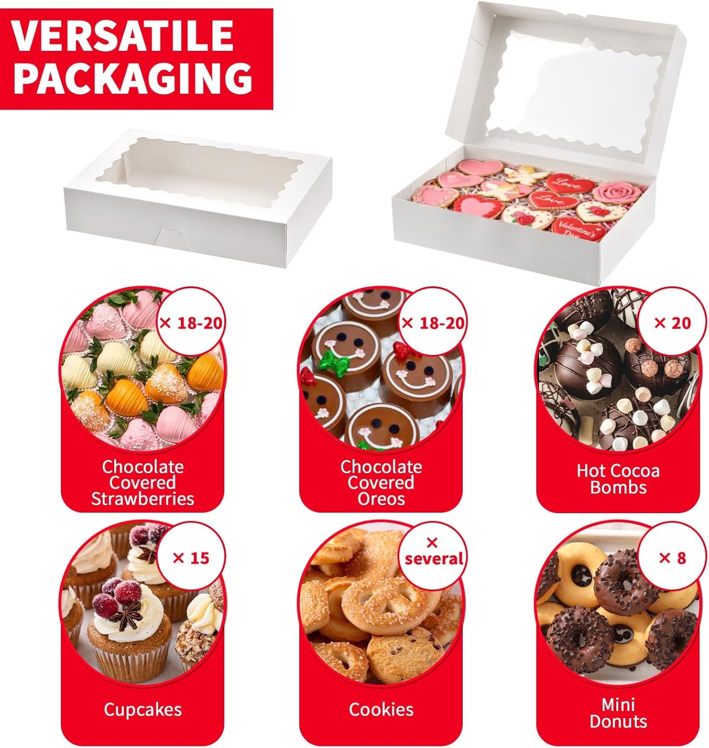 Großhandel 20 Packungen Backboxen, 12x8x2,5 Zoll Keksboxen mit Fenster, für individuelle Logos, Hersteller von automatischen Popup-Bescherungen für Schokoladenüberzogene Erdbeeren, Gebäck, Donuts, Muffins und zerbrechliche Herzen.