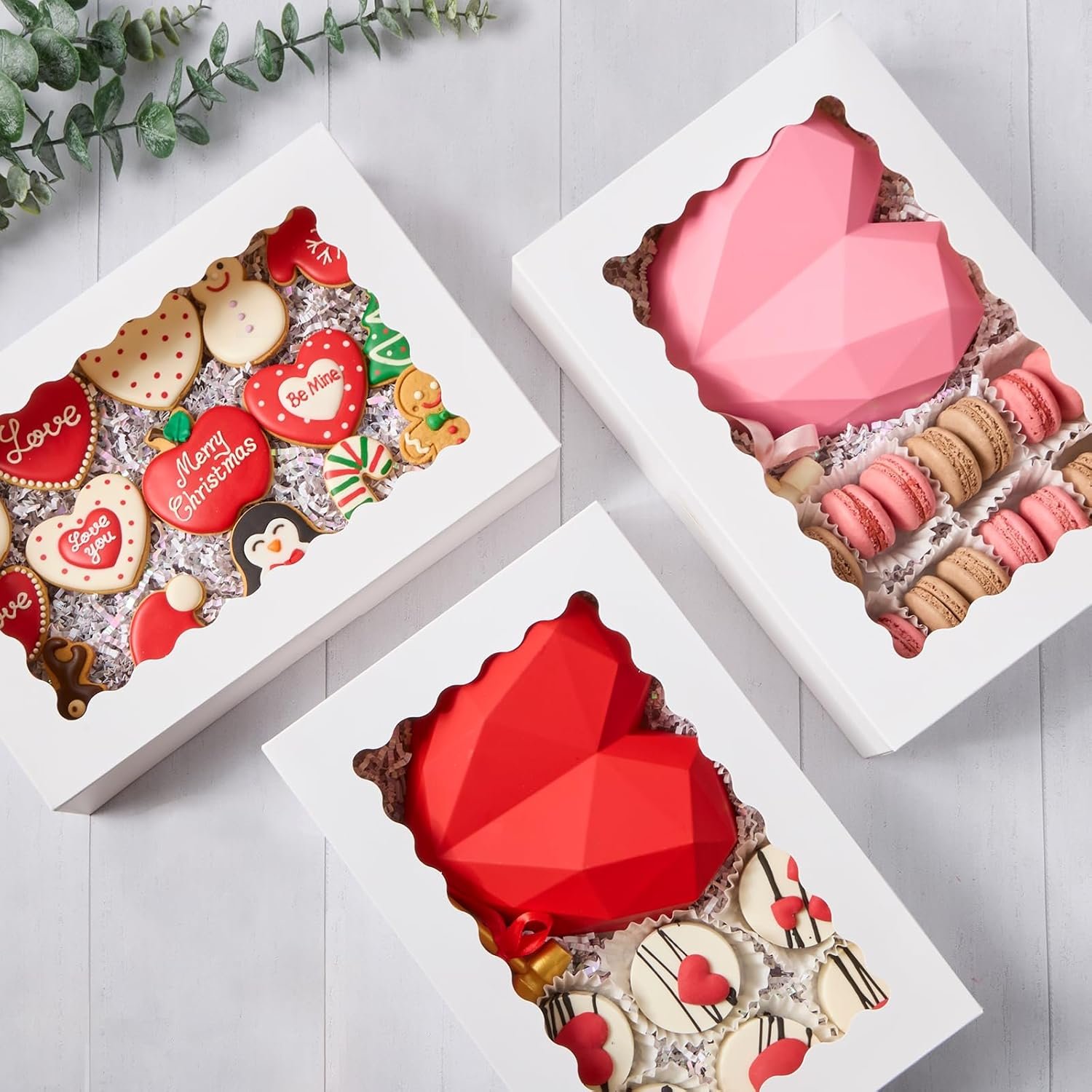 Großhandel 20 Packungen Backboxen, 12x8x2,5 Zoll Keksboxen mit Fenster, für individuelle Logos, Hersteller von automatischen Popup-Bescherungen für Schokoladenüberzogene Erdbeeren, Gebäck, Donuts, Muffins und zerbrechliche Herzen.