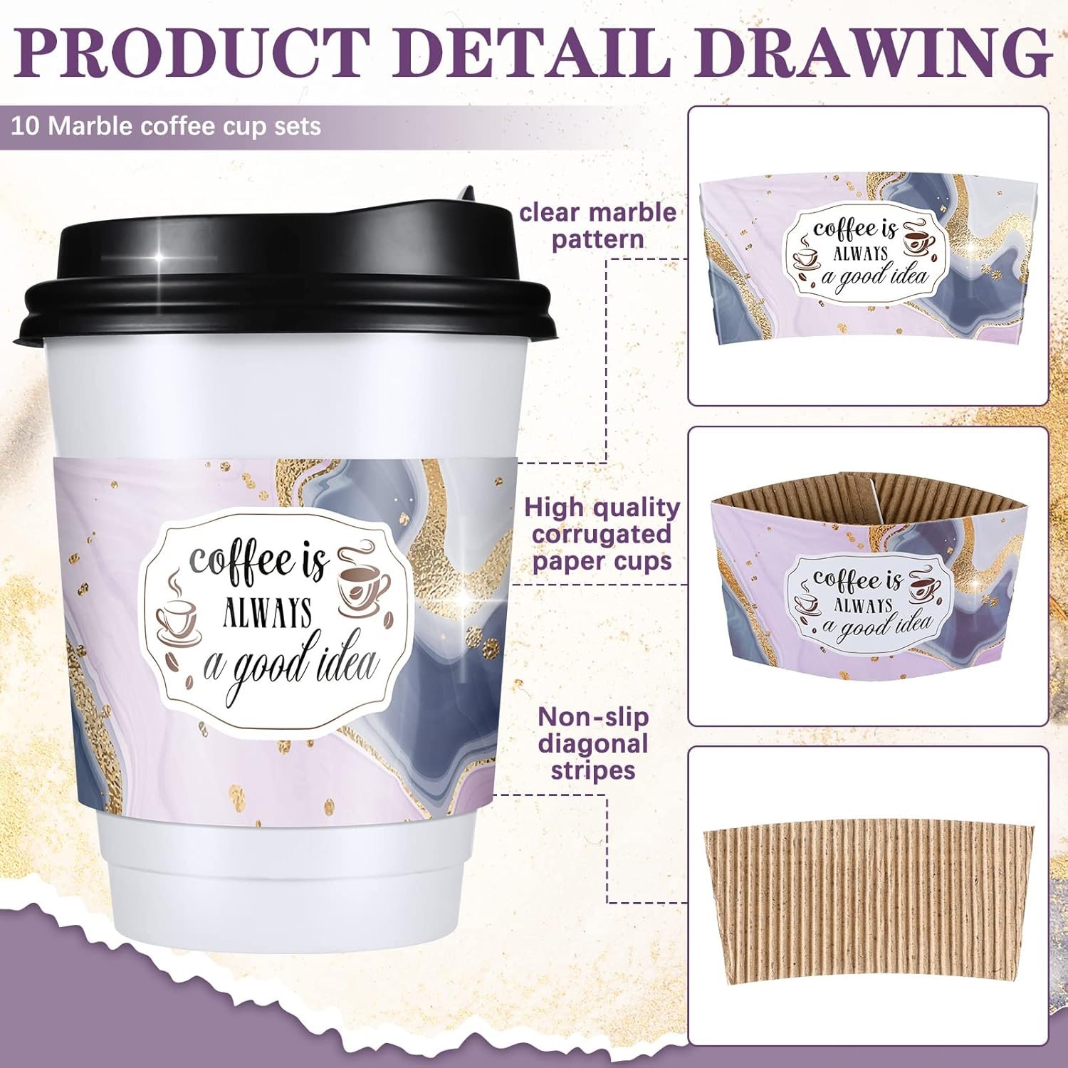Großhandel 500 Stück Papiersleeves für 12 und 16 oz Kaffebecher, OEM-fähig, Hersteller von Wellpappejacken für heiße und kalte Getränke wie Schokolade, Kakao oder Tee im Marmor-Design. Großhandel 500 Stück Papiersleeves für 12 und 16 oz Kaffebecher, OEM-fähig, Hersteller von Wellpappejacken für heiße und kalte Getränke wie Schokolade, Kakao oder Tee im Marmor-Design.