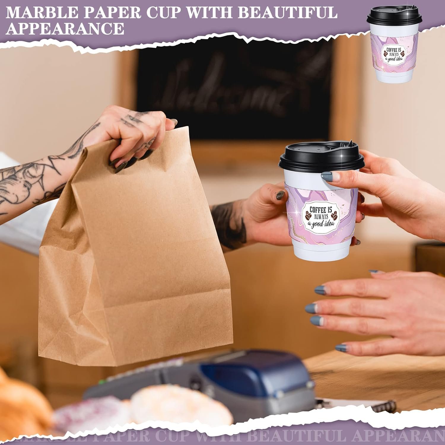 Großhandel 500 Stück Papiersleeves für 12 und 16 oz Kaffebecher, OEM-fähig, Hersteller von Wellpappejacken für heiße und kalte Getränke wie Schokolade, Kakao oder Tee im Marmor-Design. Großhandel 500 Stück Papiersleeves für 12 und 16 oz Kaffebecher, OEM-fähig, Hersteller von Wellpappejacken für heiße und kalte Getränke wie Schokolade, Kakao oder Tee im Marmor-Design.