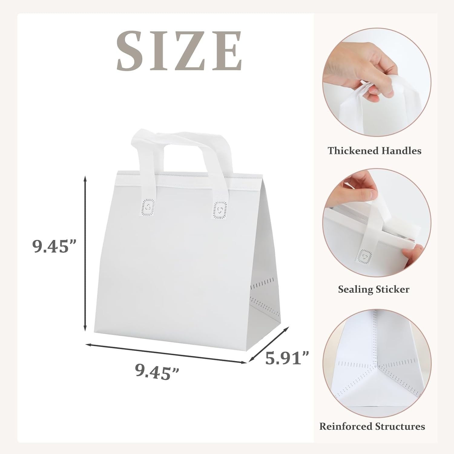 Großhandel 12 Stück weiße isolierte Take Away Taschen für heiße und kalte Getränke, individuelle Logos für Lieferungen von frischen Lebensmitteln, OEM Kühltaschen für Mittagessen und Einkäufe.
