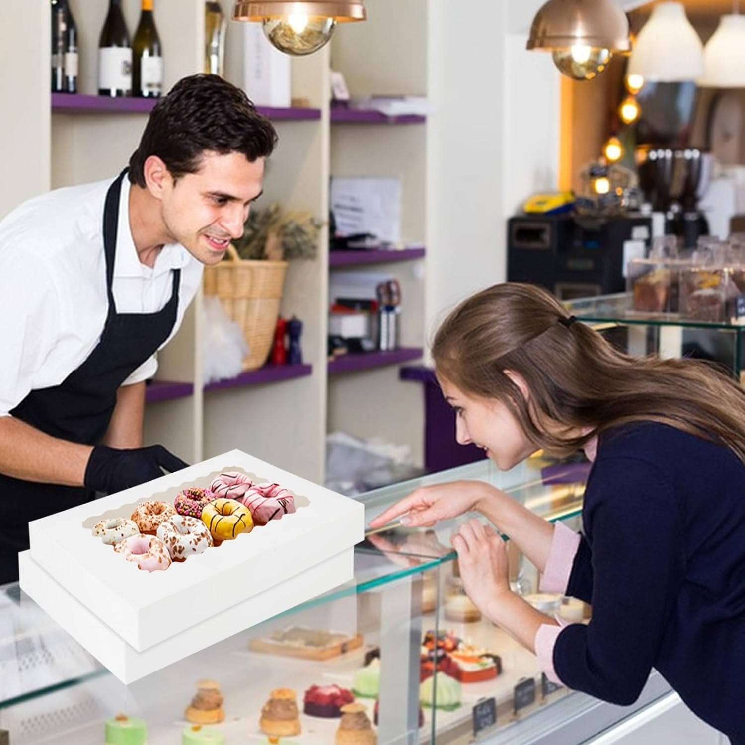 Großhandel 10er-Pack 16x11x2,5 Zoll Cookie-Boxen mit Fenster, weiße Bakery-Boxen, Auto-Popup-Kuchenboxen für Muffins und Kekse, Hersteller für individuelle Logos, PVC-Fenster halten 12 Donuts.
