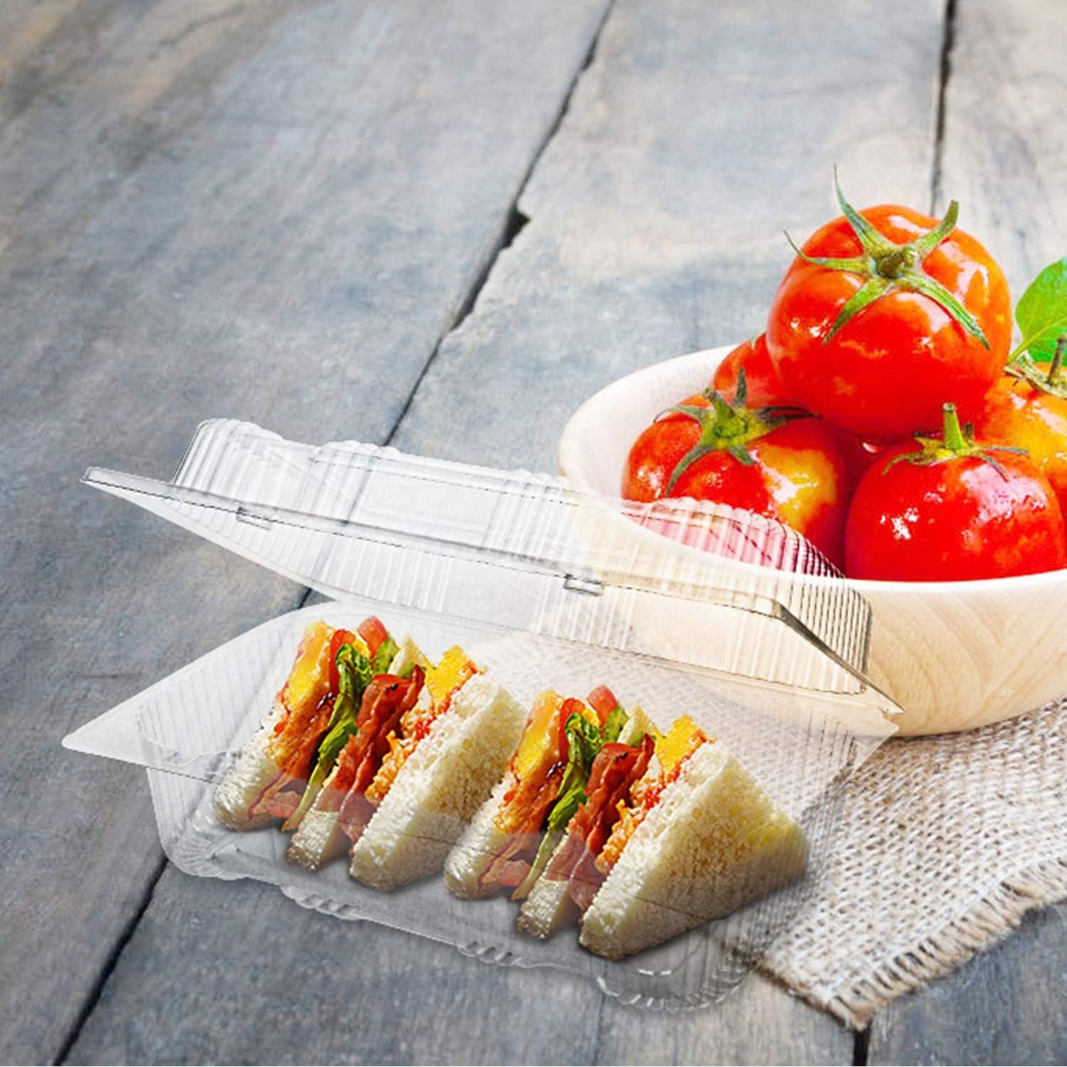 Großhandel 70 Stück Klarsicht-Klappbehälter für Lebensmittel, internes Maß 16 cm Länge x 10 cm Breite x 7 cm Höhe, Hersteller für individuelle Logos und OEM-Optionen.