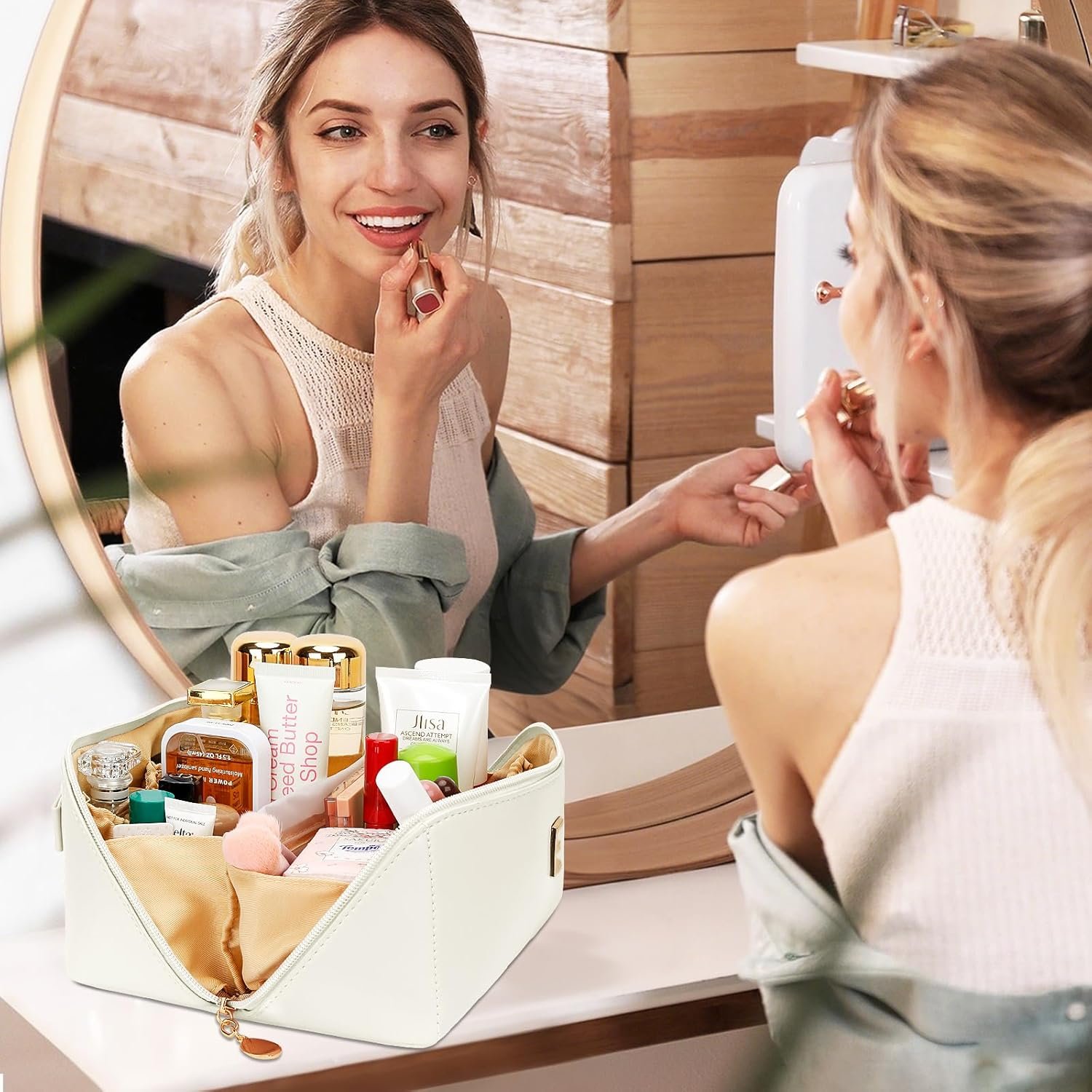 Großhandel Kosmetiktaschen Set für Frauen und Mädchen, offener, faltbarer Reise-Make-up-Organizer mit klarem Divider und Griff (Beige, A), individuelles Logo, Hersteller für bulk-Bestellungen Großhandel Kosmetiktaschen Set für Frauen und Mädchen, offener, faltbarer Reise-Make-up-Organizer mit klarem Divider und Griff (Beige, A), individuelles Logo, Hersteller für bulk-Bestellungen